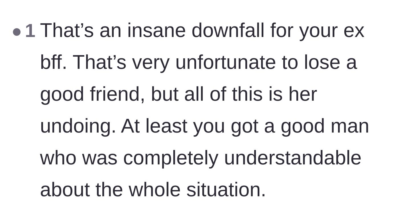 Comment thread 4 - Reflections on the ex-best friend's spectacular downfall and the fiancé's green flags.