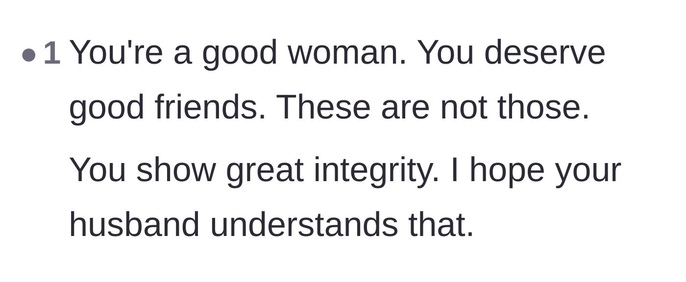 Comment thread 6 - Praise for the bride's integrity and quality of character.