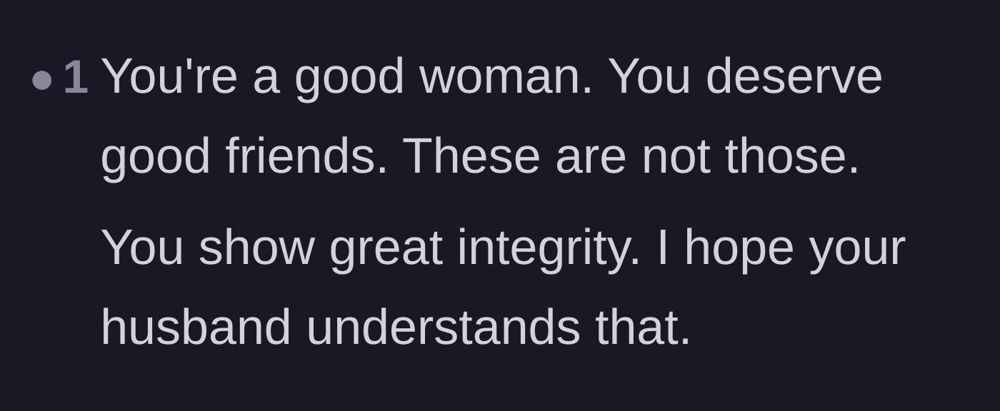 Comment thread 6 - Praise for the bride's integrity and quality of character.