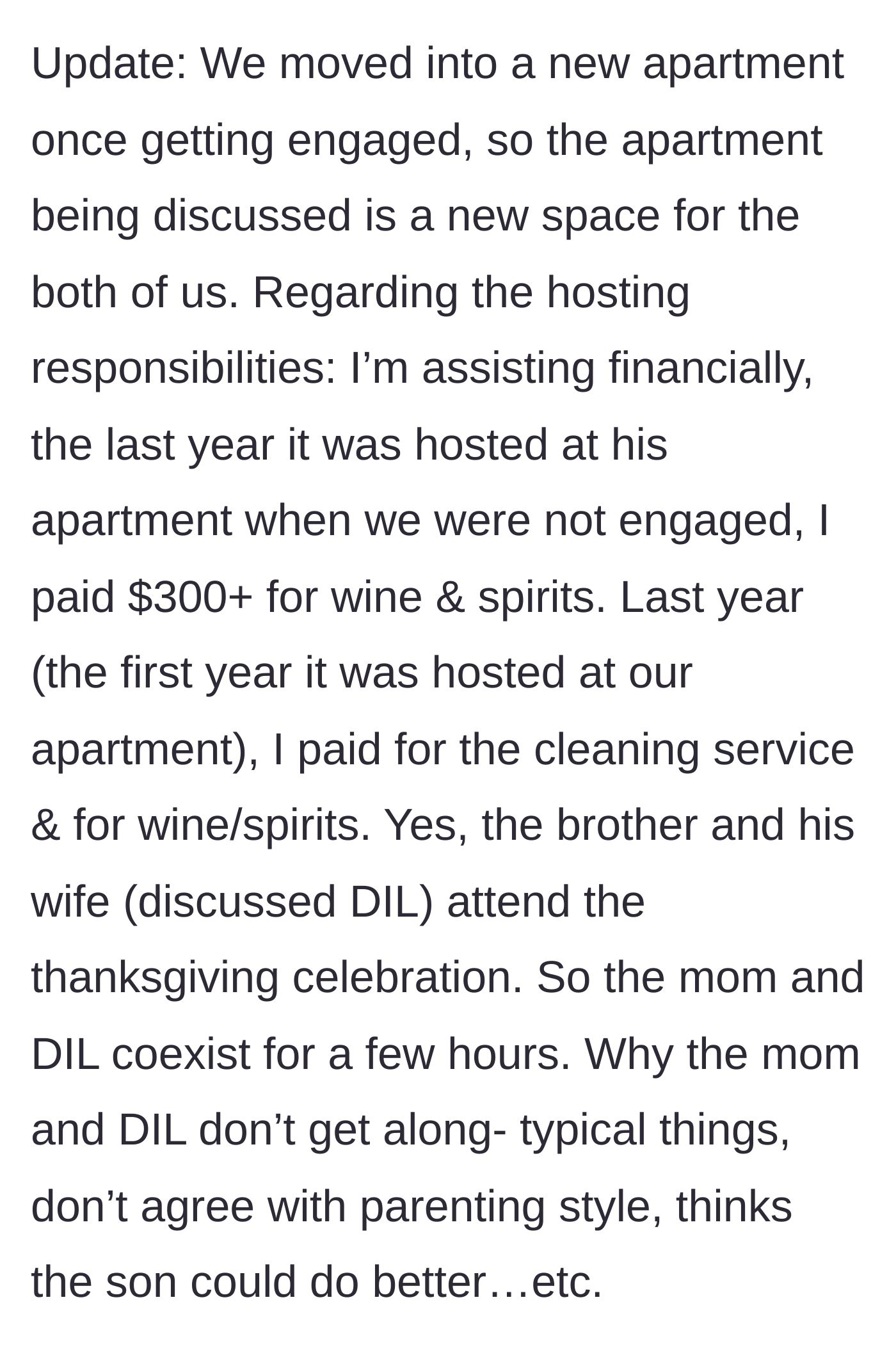 Story part 4 - Clarifications about the main character paying for cleaning and expensive alcohol, and revealing the mother and sister-in-law actually do attend the same party.