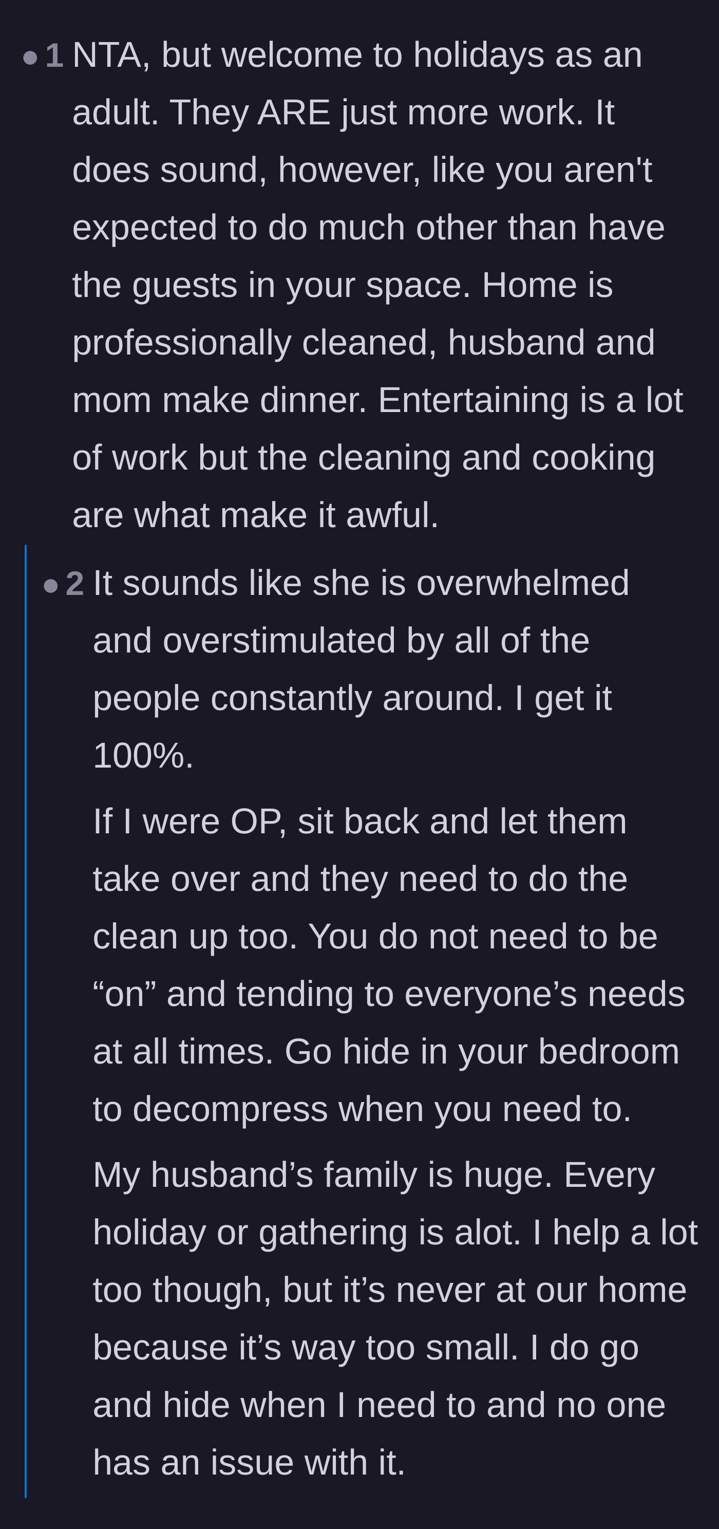 Comment thread 2 - A debate on whether hosting holidays is just a normal adult burden or an unfair invasion of personal space.