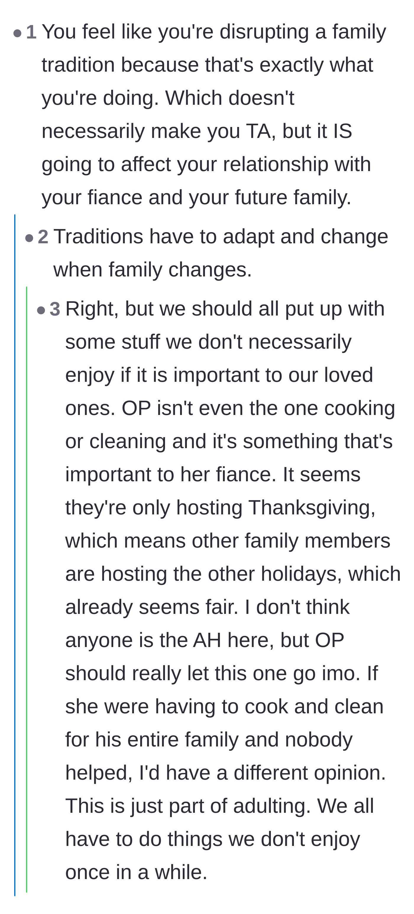 Comment thread 3 - Discussion on how family traditions must evolve when someone gets married.