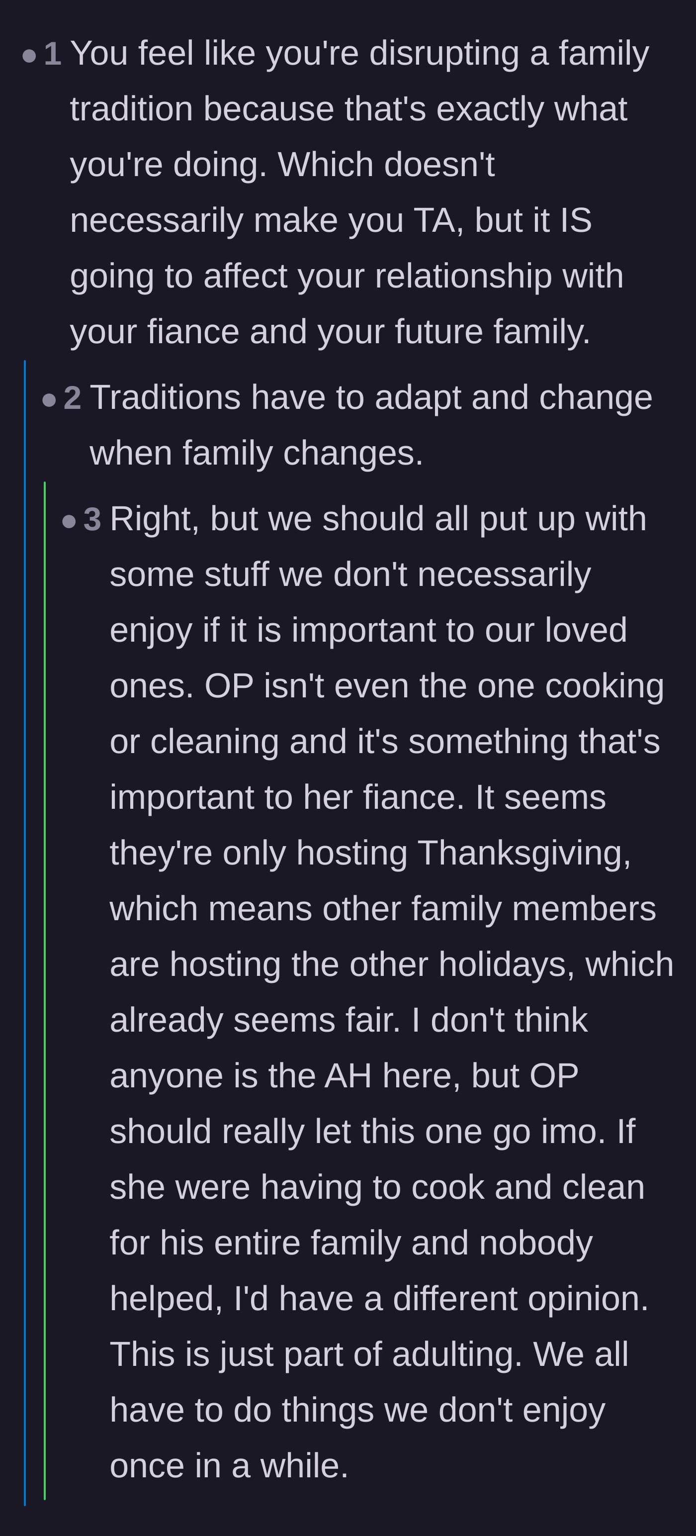 Comment thread 3 - Discussion on how family traditions must evolve when someone gets married.