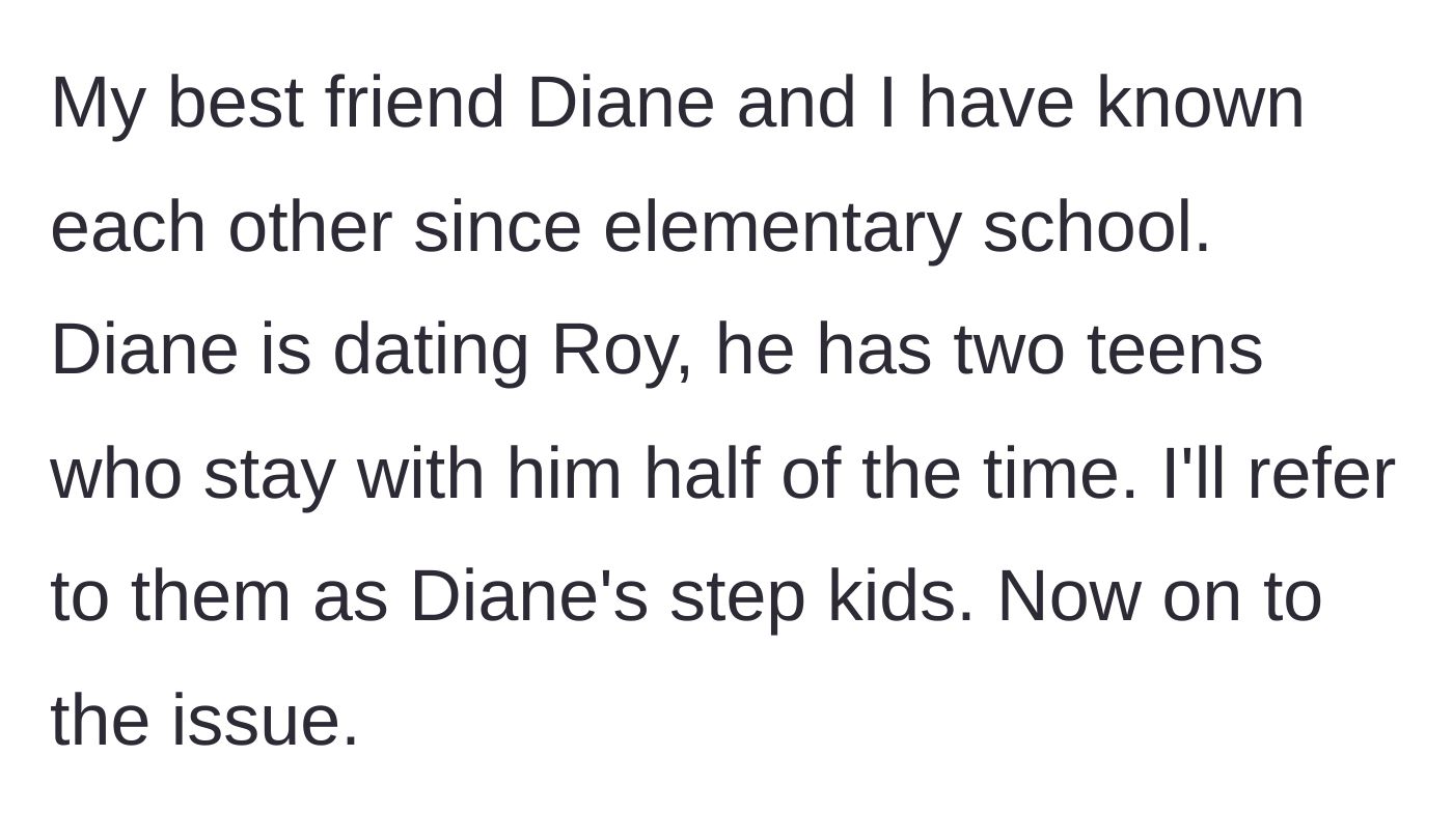 Story part 1 - Introduction to the childhood best friend, her boyfriend, and his teenage kids.