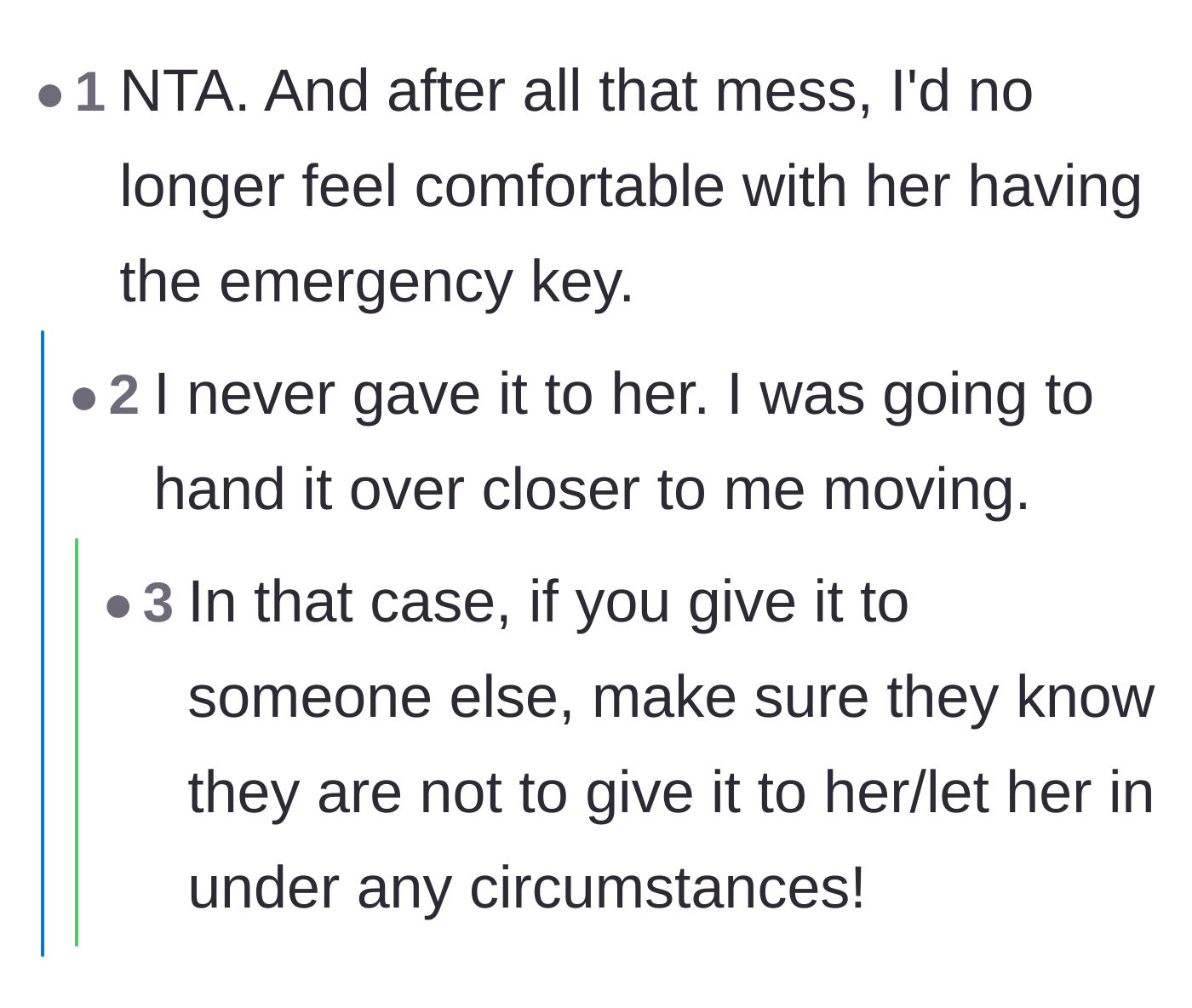 Comment thread 2 - Readers agreeing that the friend can no longer be trusted with an emergency key.