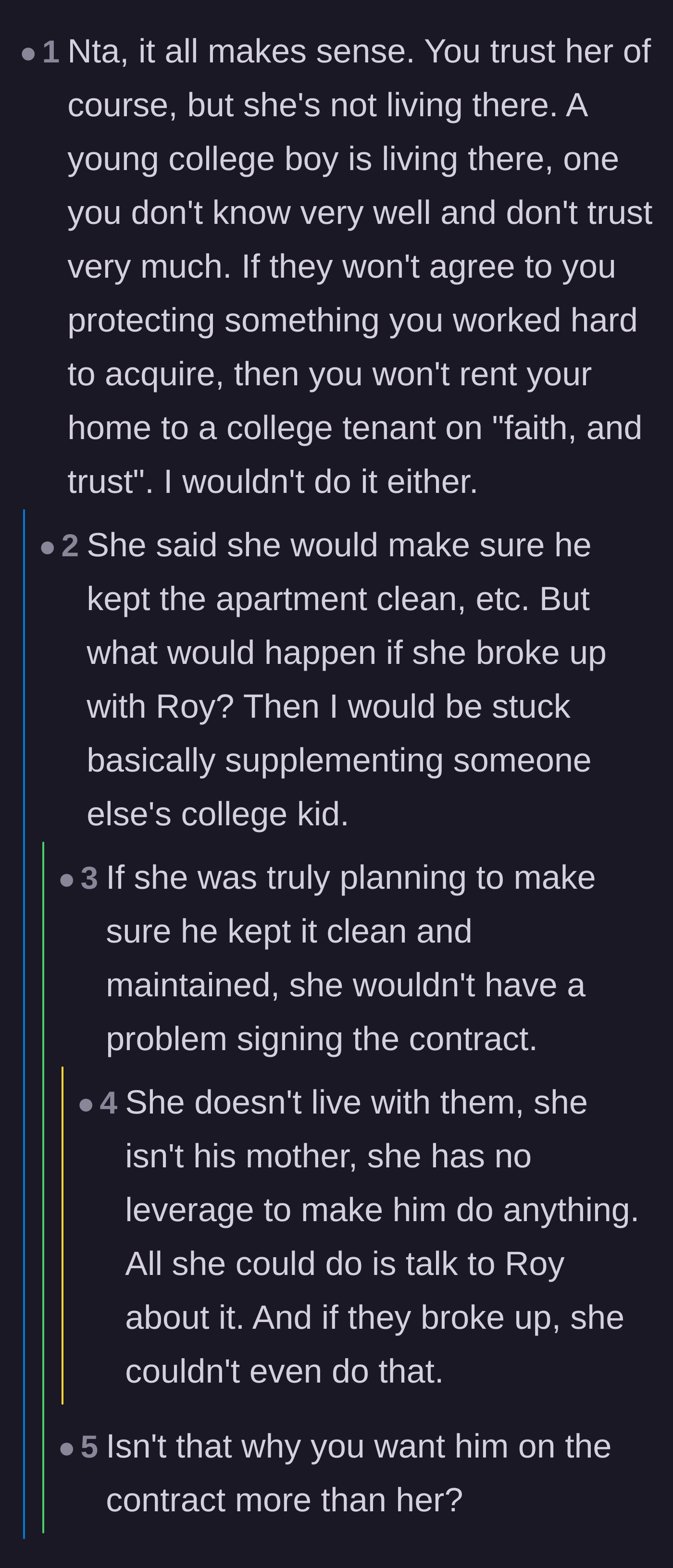 Comment thread 3 - Discussion about the friend's lack of leverage to actually enforce rules on her boyfriend's son.