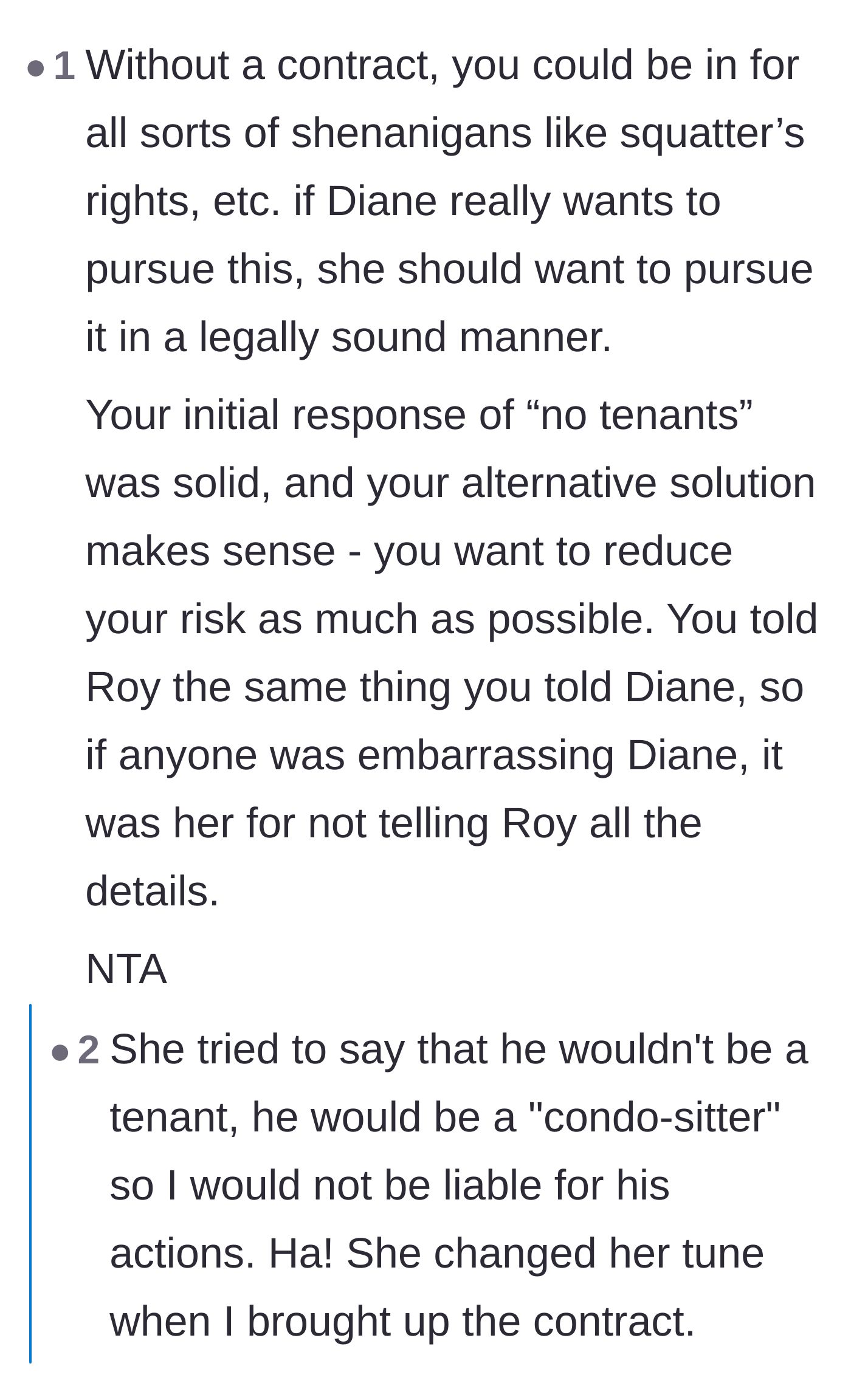 Comment thread 5 - Warnings about squatters rights, tenant laws, and the reality of the owner not being able to use her own condo.
