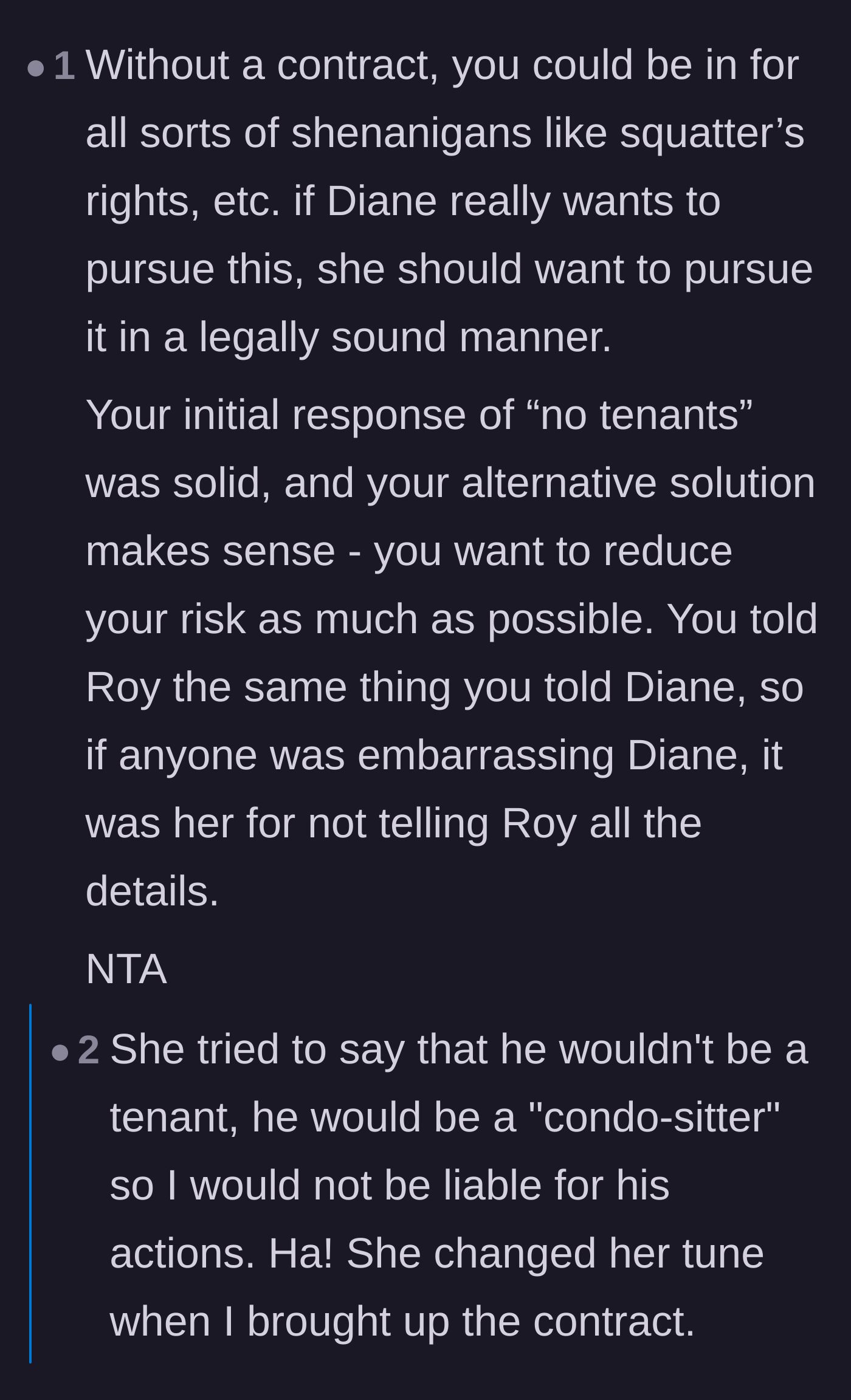 Comment thread 5 - Warnings about squatters rights, tenant laws, and the reality of the owner not being able to use her own condo.