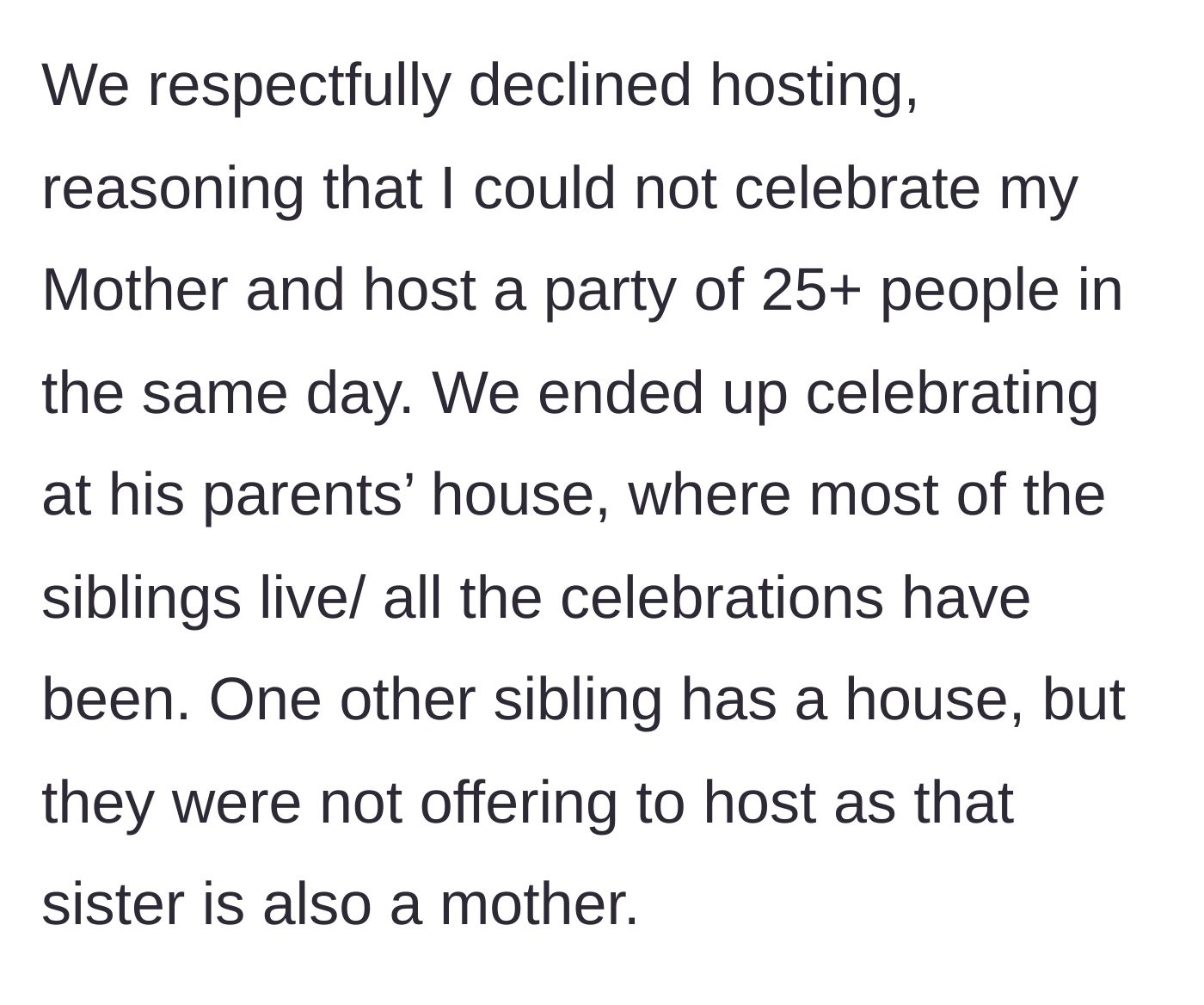 Story part 4 - The couple respectfully declines the hosting demand to celebrate their own mothers, leading the family to celebrate at the mother-in-law's house instead.