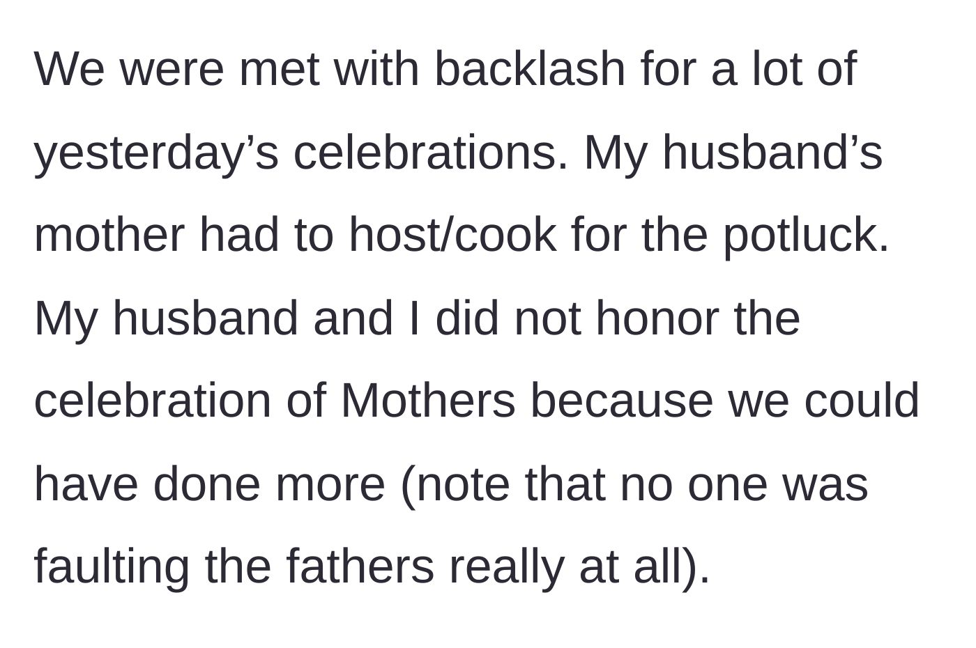 Story part 5 - The couple faces severe backlash at the Mother's Day potluck, with the family accusing them of not honoring the mothers while completely ignoring the fathers' lack of effort.