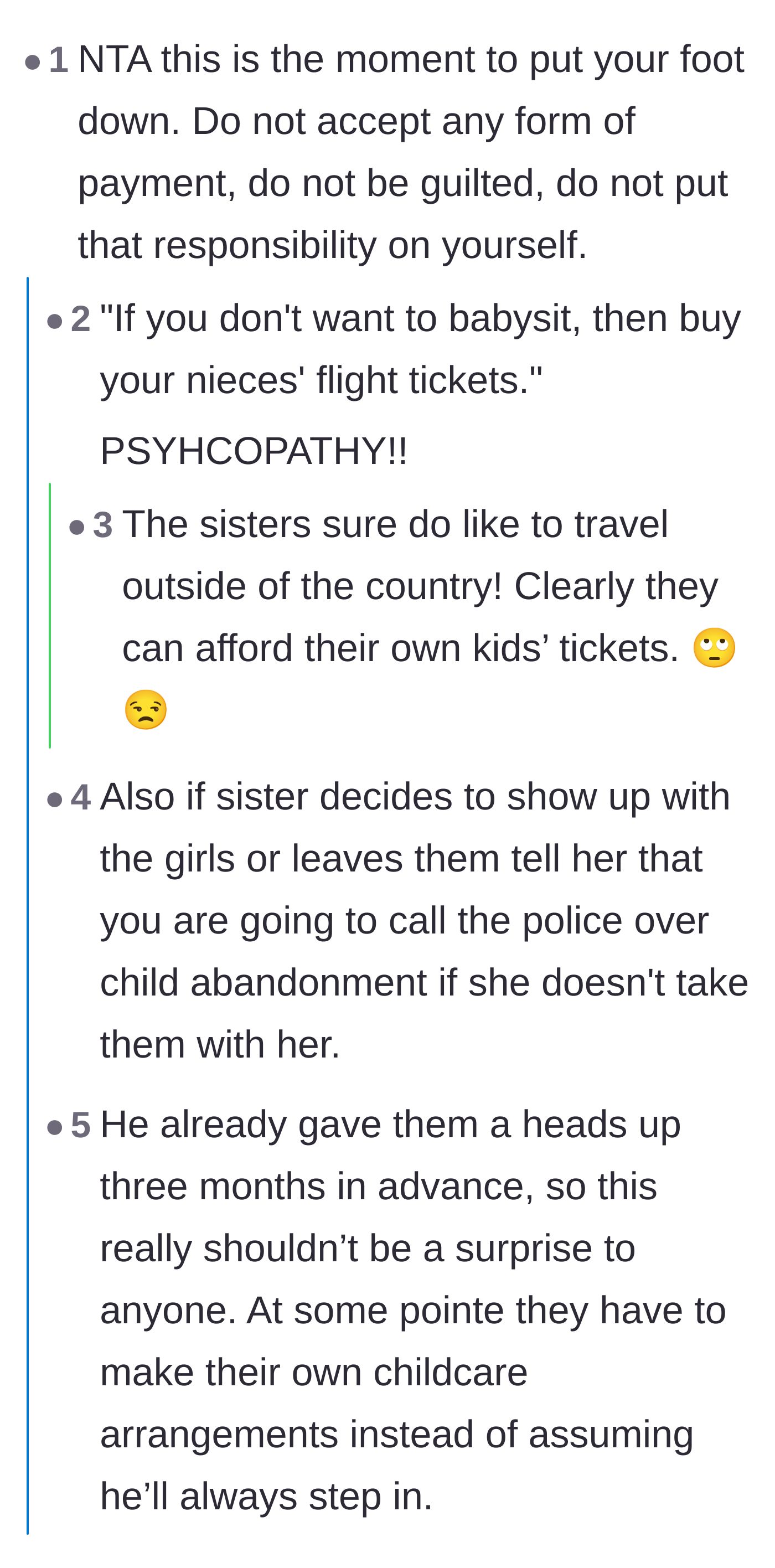 Comment thread 1 - Users discussing the sister's crazy demand for plane tickets and advising OP to threaten calling the police for child abandonment.