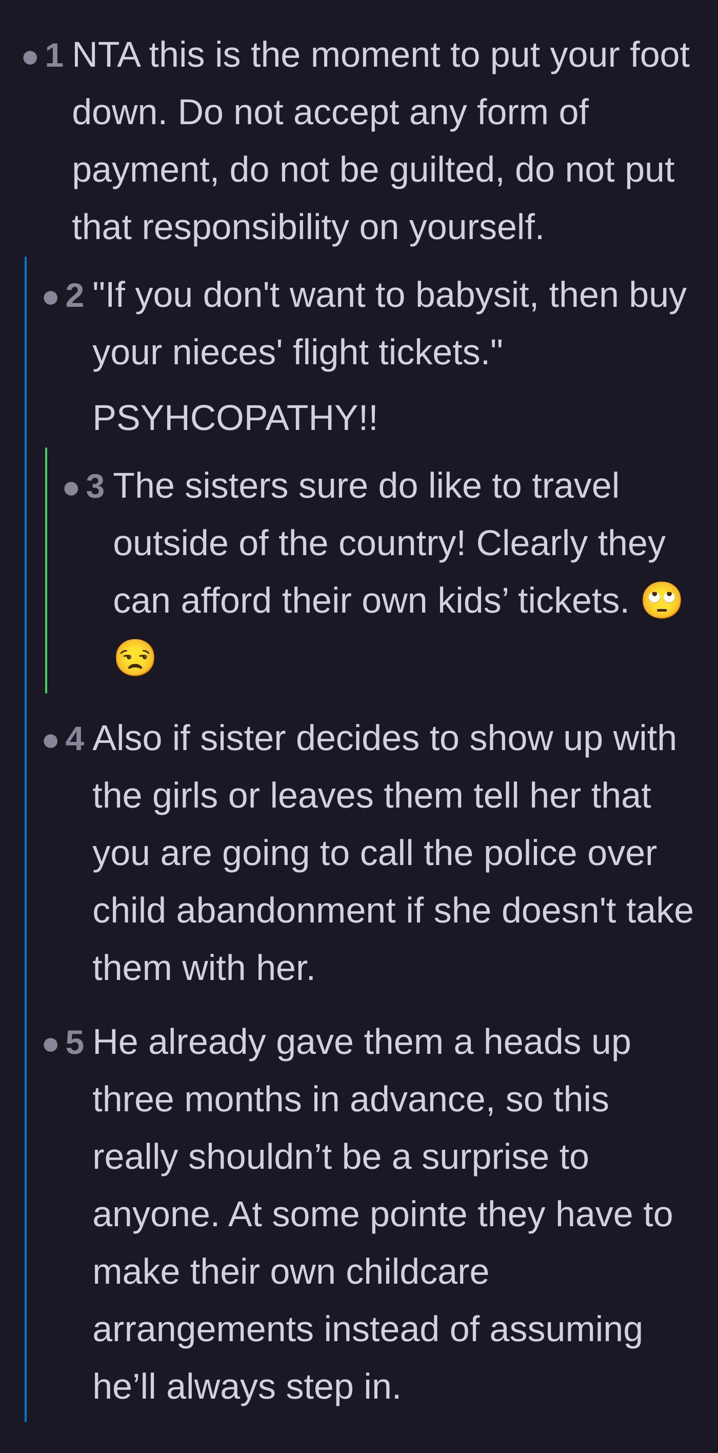 Comment thread 1 - Users discussing the sister's crazy demand for plane tickets and advising OP to threaten calling the police for child abandonment.