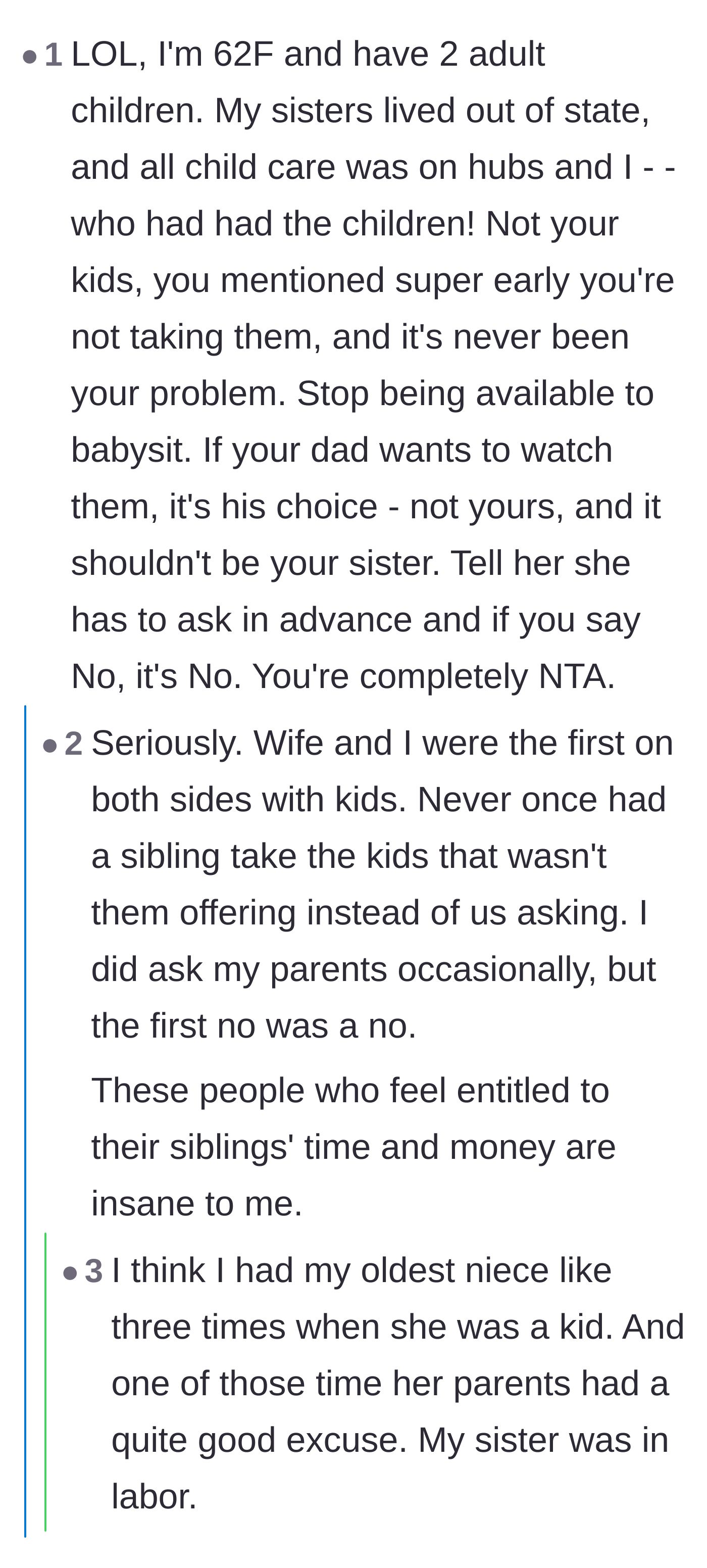 Comment thread 4 - An older mother shares that she never expected her siblings to watch her kids and validates OP's refusal.