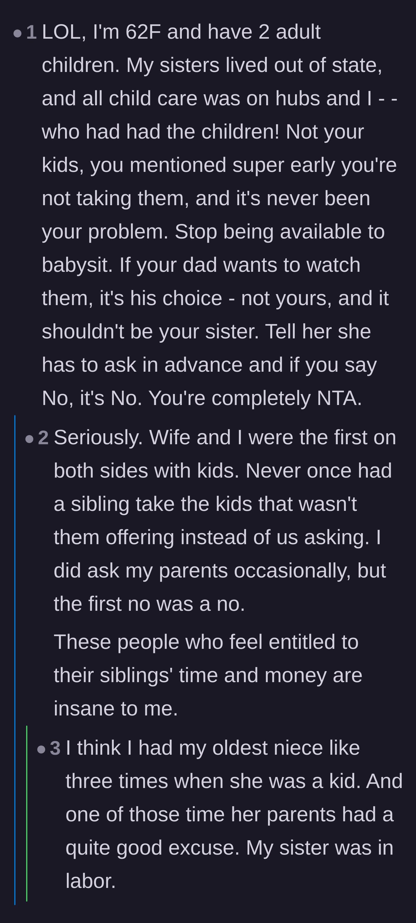 Comment thread 4 - An older mother shares that she never expected her siblings to watch her kids and validates OP's refusal.