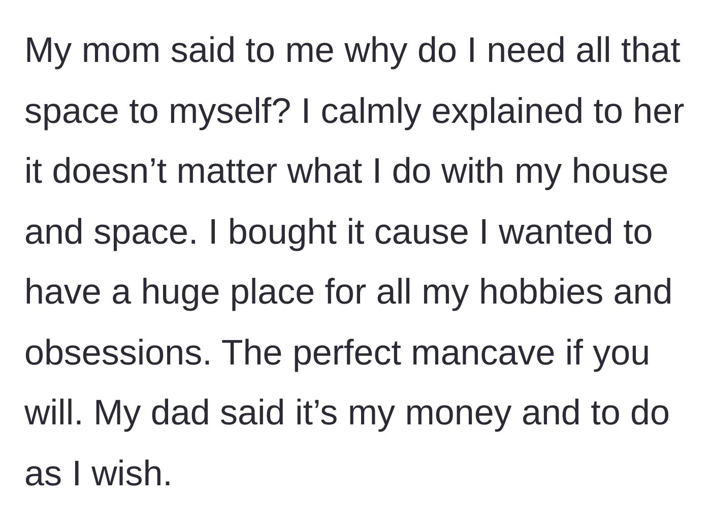 Story part 4 - A tense family meeting where the mother questions the son's need for space, while the father firmly defends his son's financial autonomy.