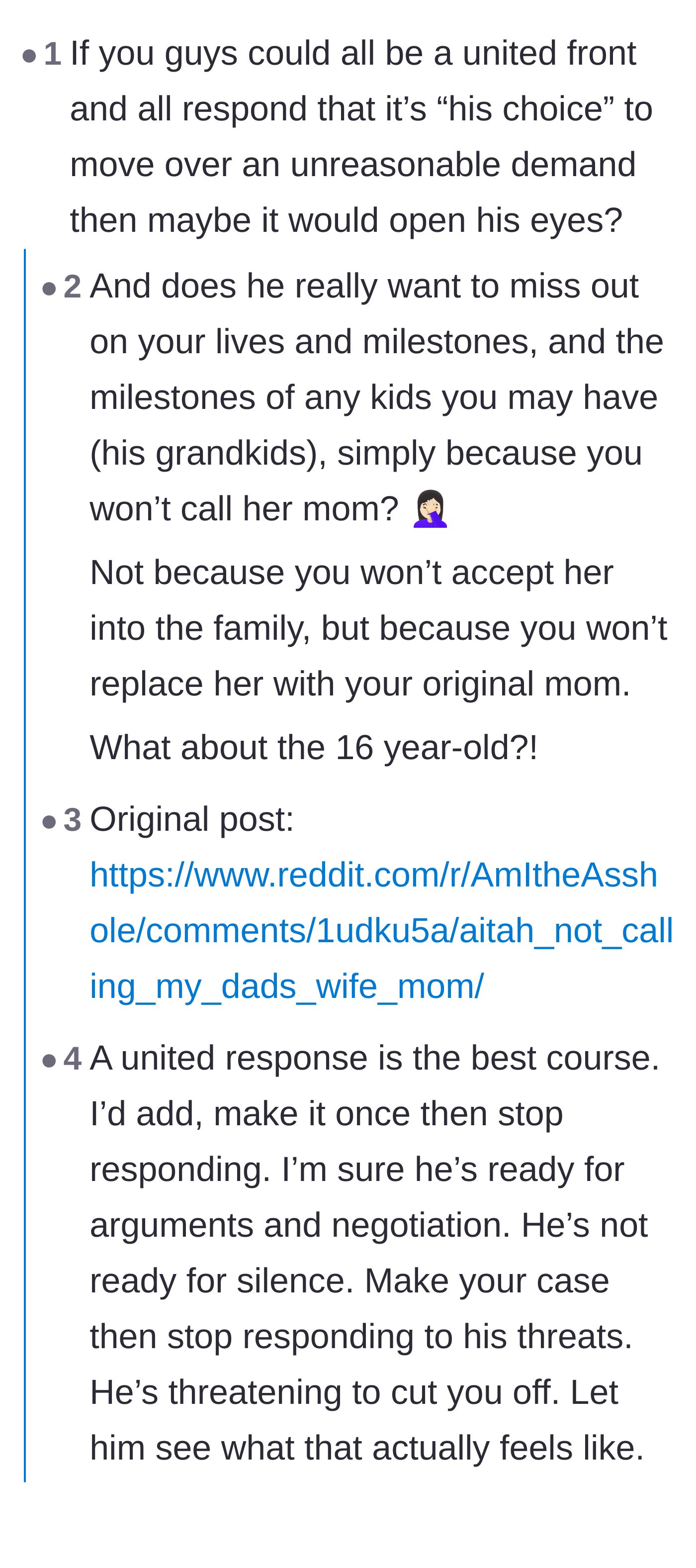 Comment thread 1 - Discussing a united sibling front, the cruelty behind the dad's demand, and the financial reality of being disinherited