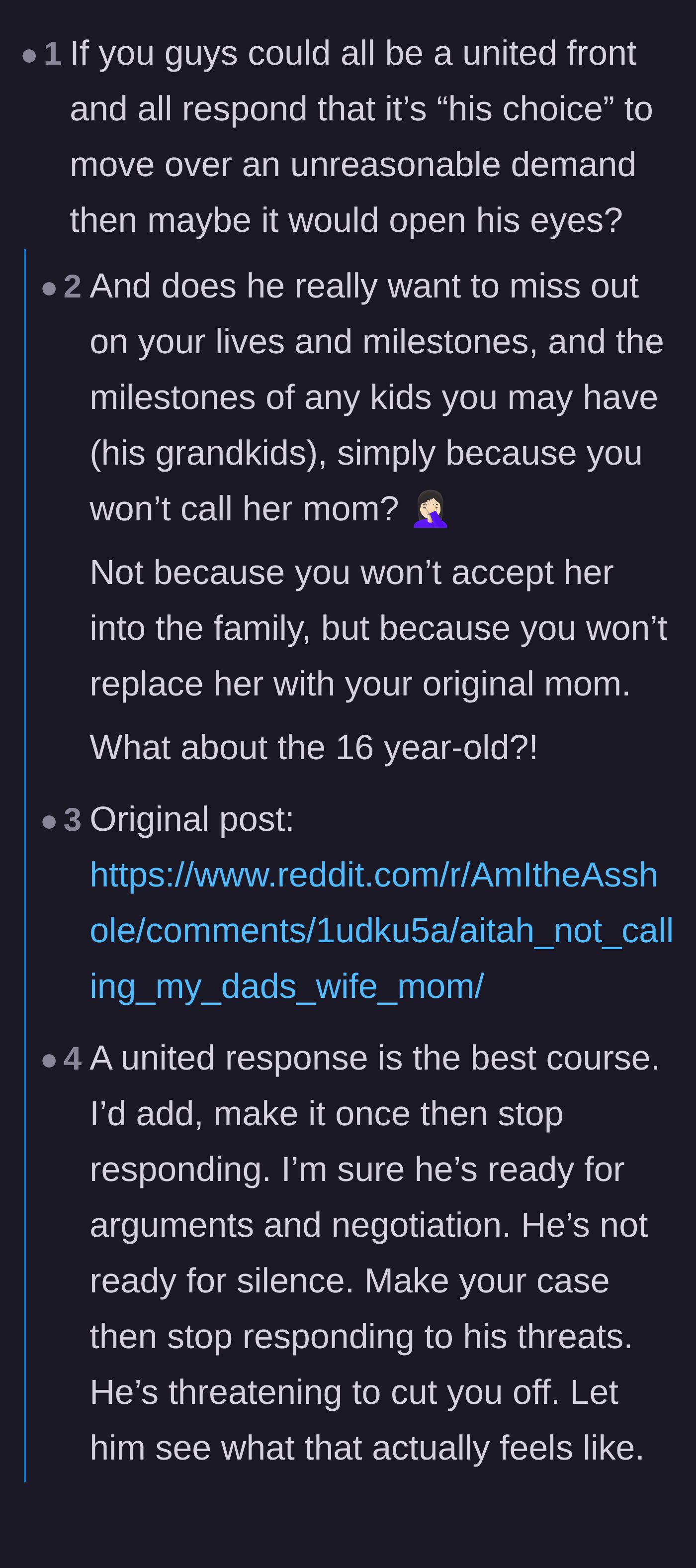 Comment thread 1 - Discussing a united sibling front, the cruelty behind the dad's demand, and the financial reality of being disinherited