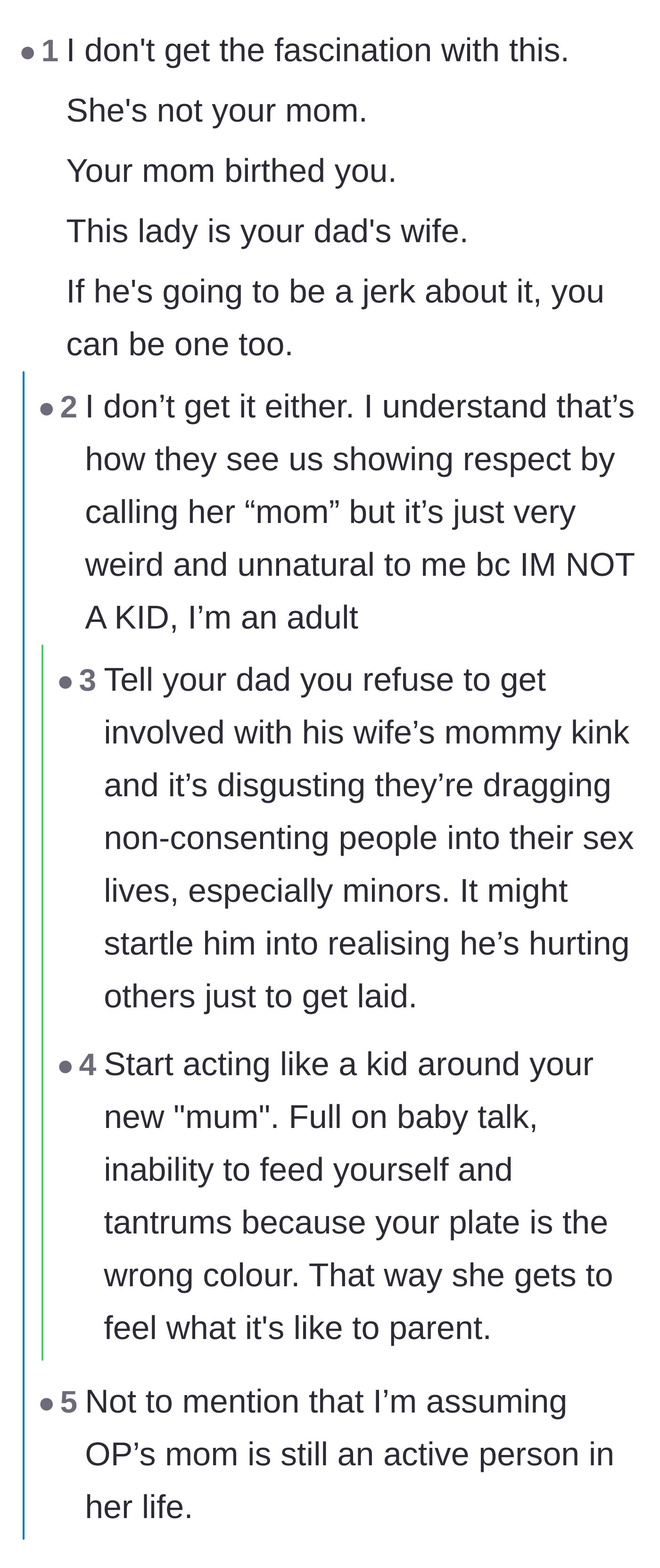 Comment thread 2 - Pointing out the absurdity of forcing adult children to adopt a new mother and suggesting malicious compliance