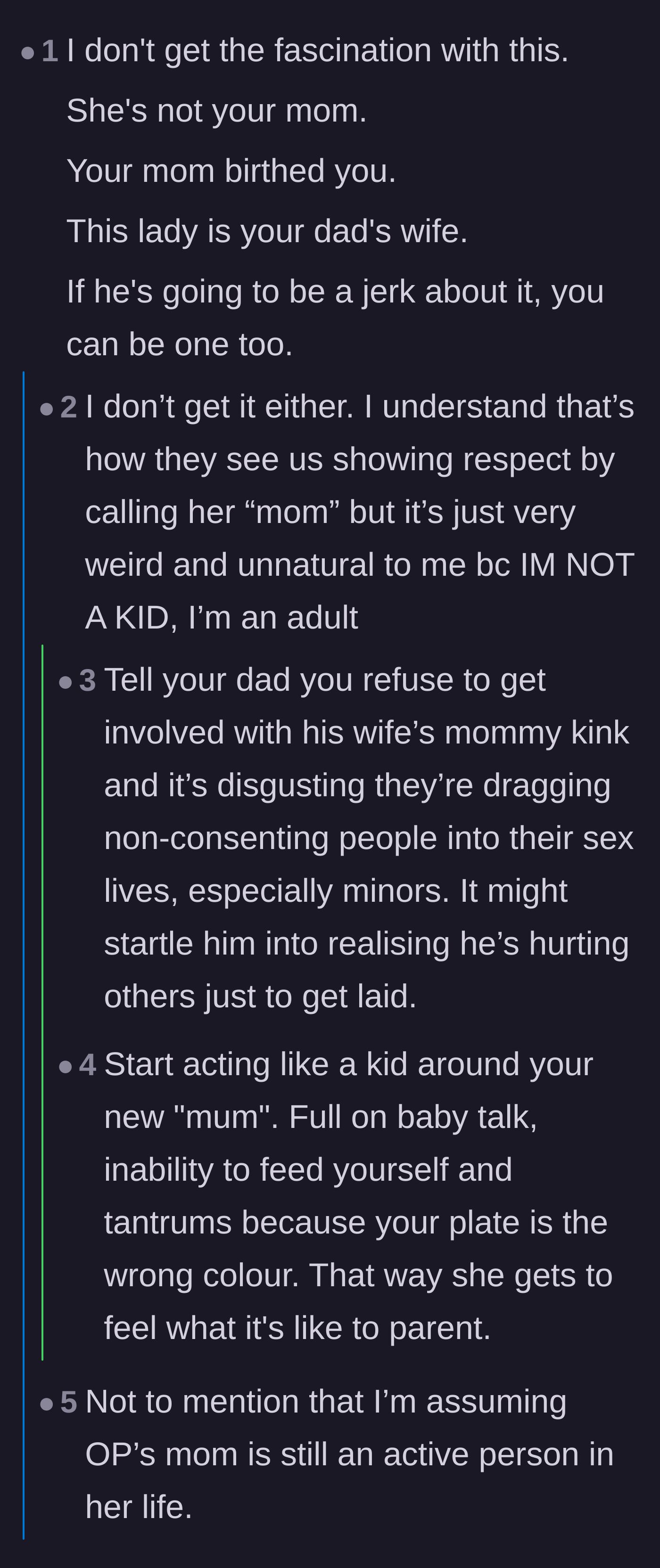 Comment thread 2 - Pointing out the absurdity of forcing adult children to adopt a new mother and suggesting malicious compliance
