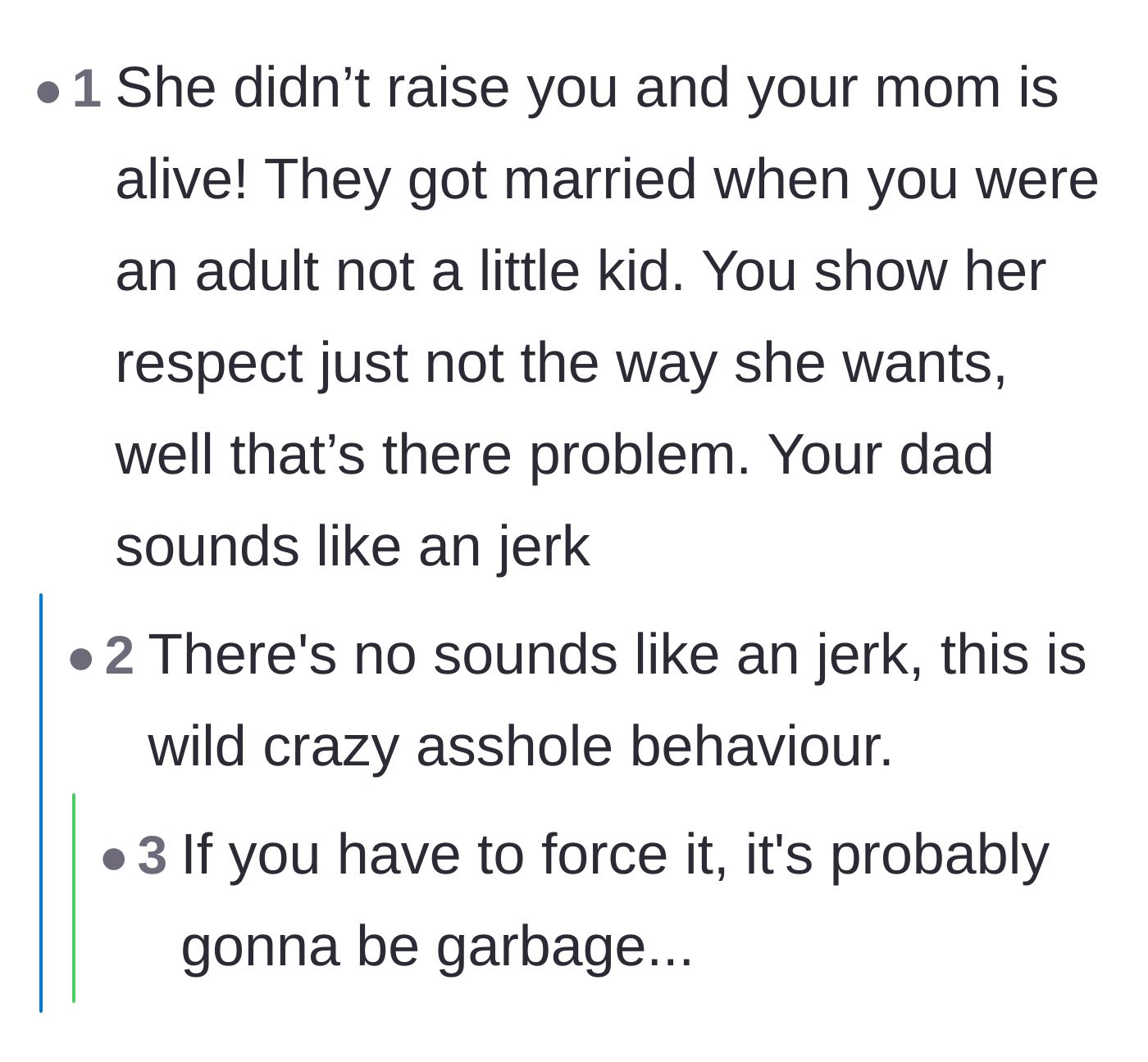 Comment thread 3 - Calling out the father for demanding a title his new wife hasn't earned
