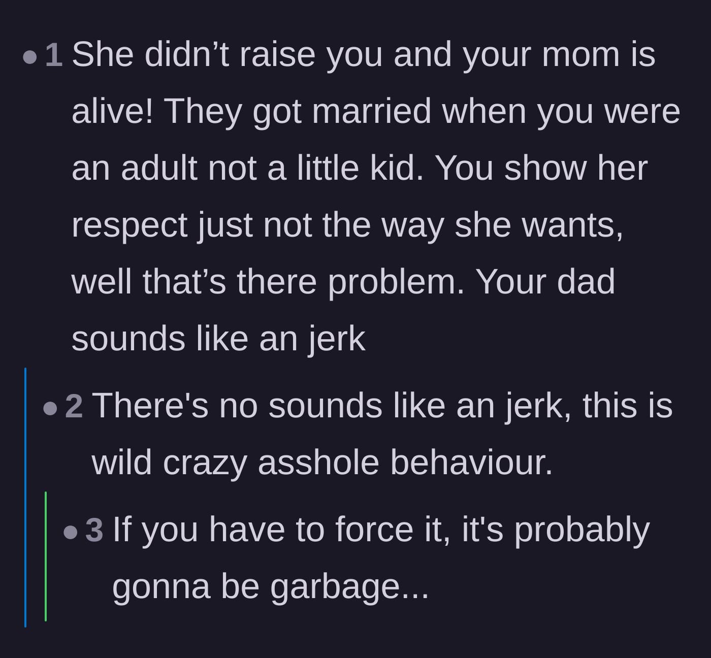 Comment thread 3 - Calling out the father for demanding a title his new wife hasn't earned