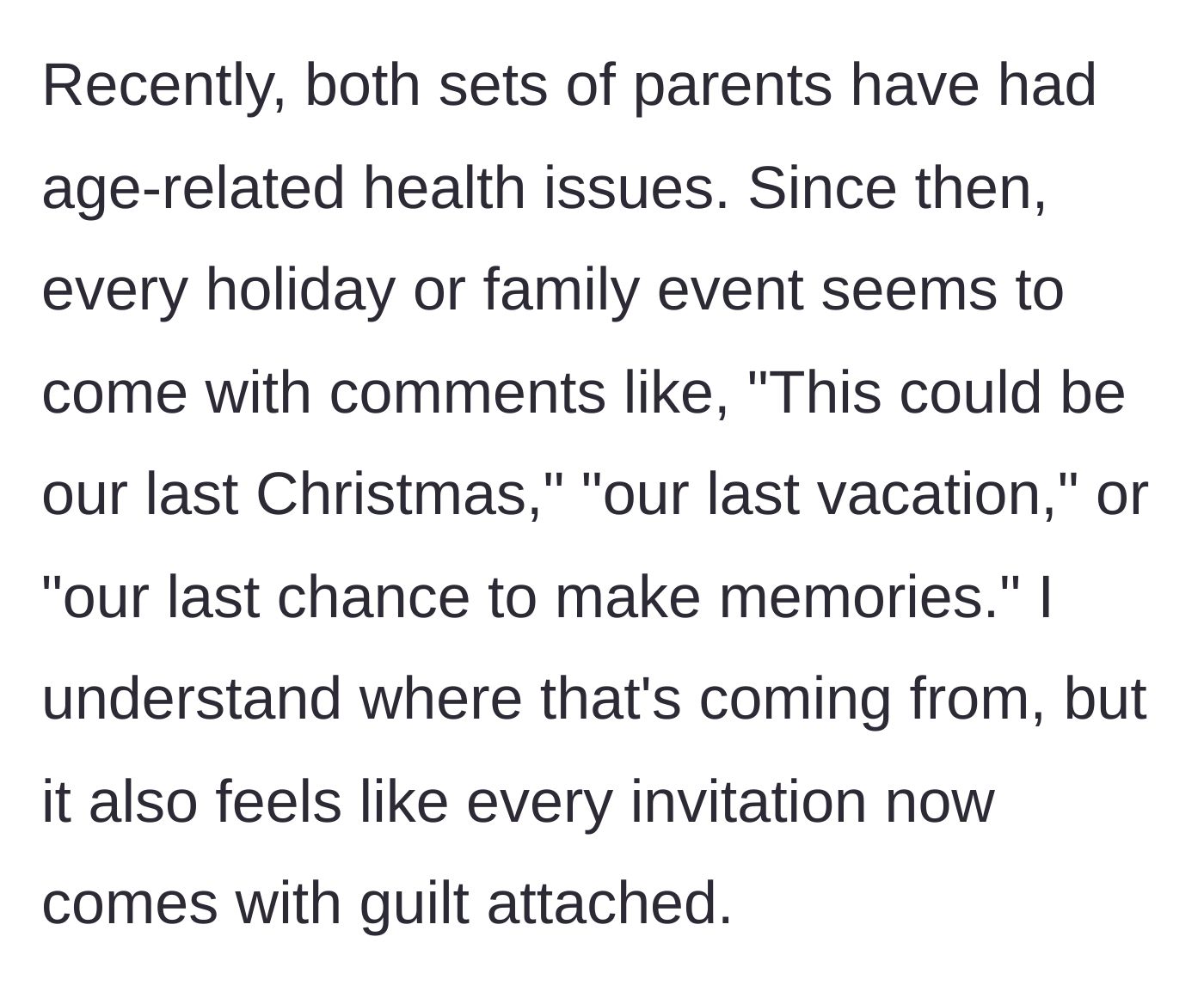 Story part 2 - The aging parents begin using recent health scares to attach heavy emotional guilt to every family invitation.