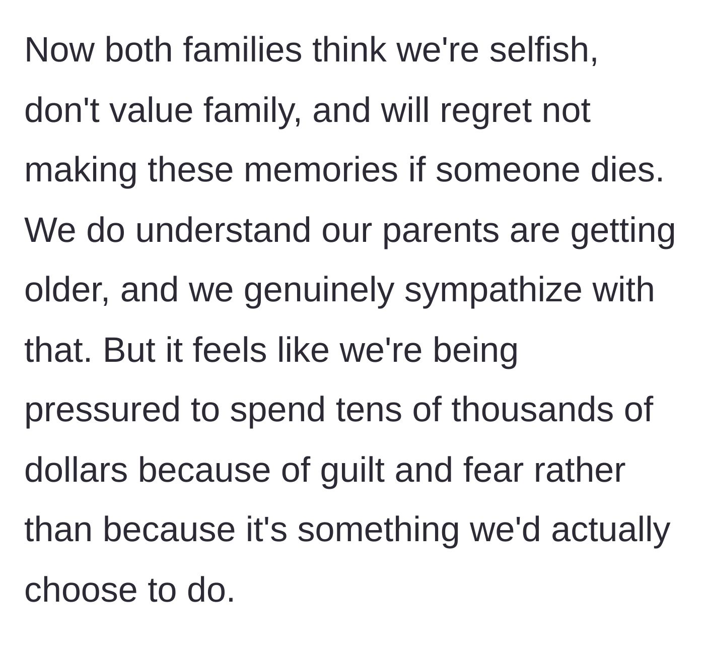 Story part 5 - Both sets of parents accuse the couple of being selfish and not valuing family time.