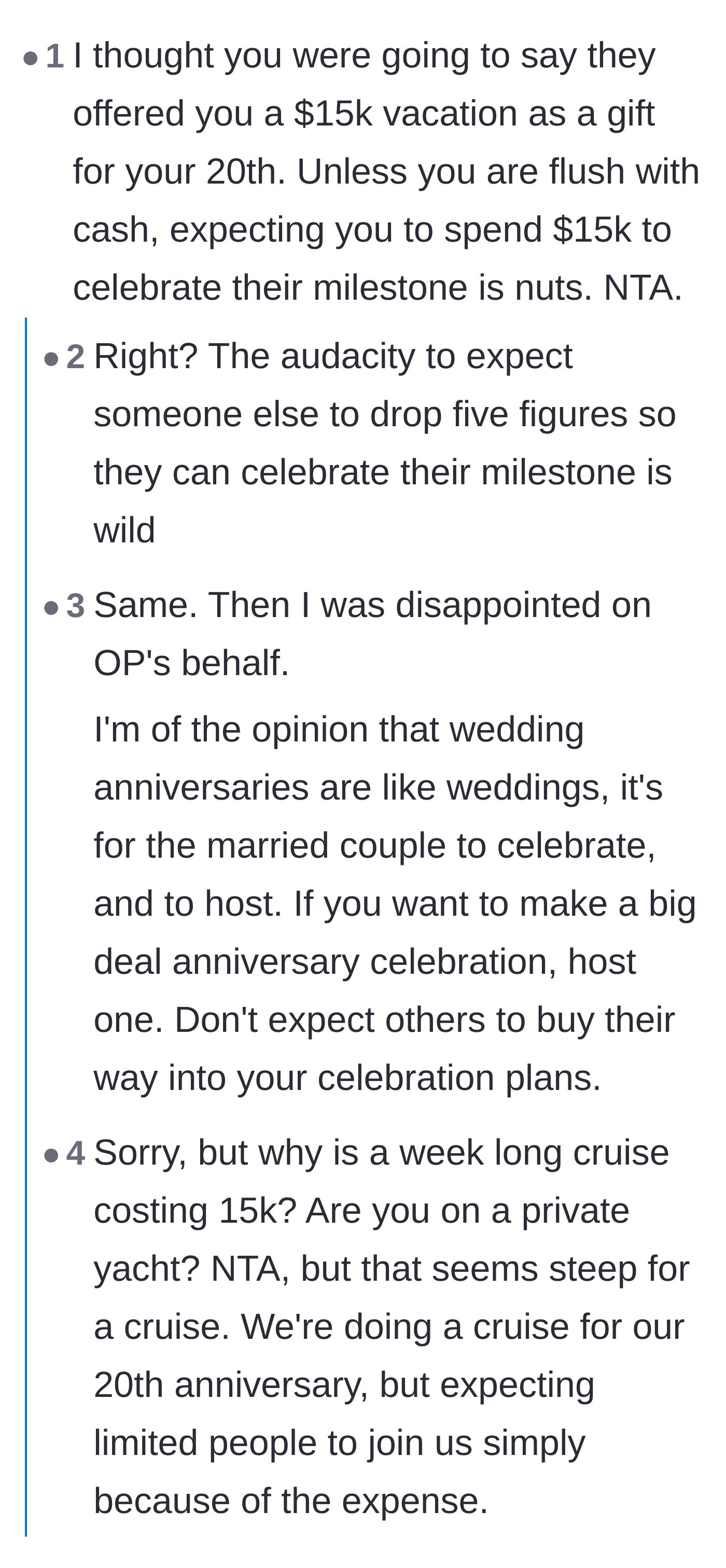 Comment thread 1 - Debate over the absurd $15,000 price tag and the sheer audacity of expecting guests to self-fund someone else's milestone celebration.