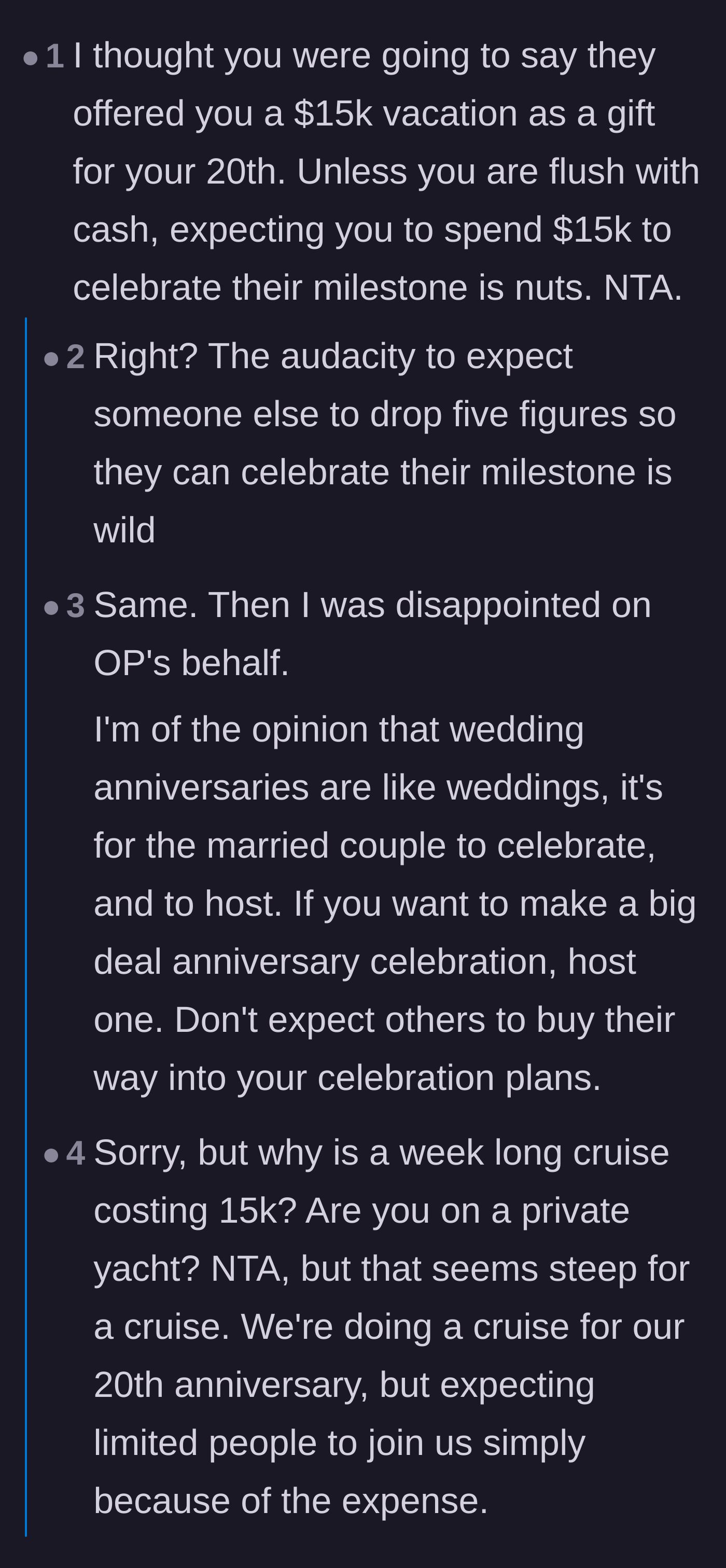Comment thread 1 - Debate over the absurd $15,000 price tag and the sheer audacity of expecting guests to self-fund someone else's milestone celebration.