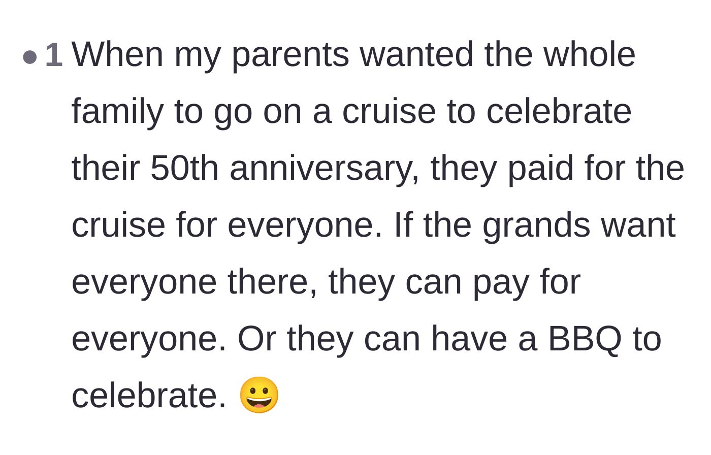 Comment thread 6 - A commenter sharing that when their parents wanted a 50th anniversary cruise, they paid for the whole family to go.