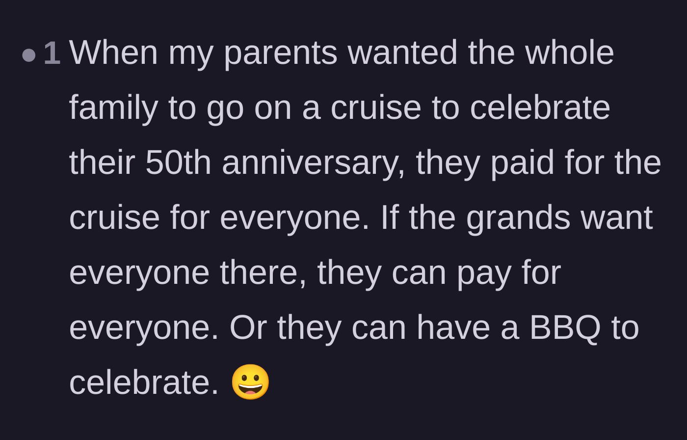Comment thread 6 - A commenter sharing that when their parents wanted a 50th anniversary cruise, they paid for the whole family to go.