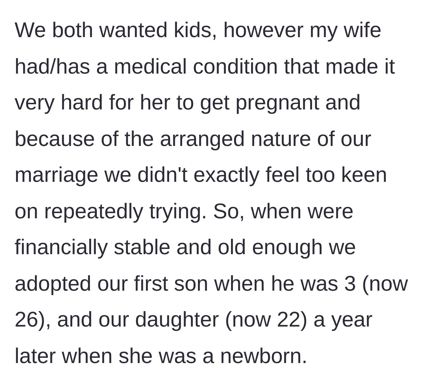 Story part 2 - The couple facing medical infertility and ultimately choosing to adopt a young boy and a newborn girl.