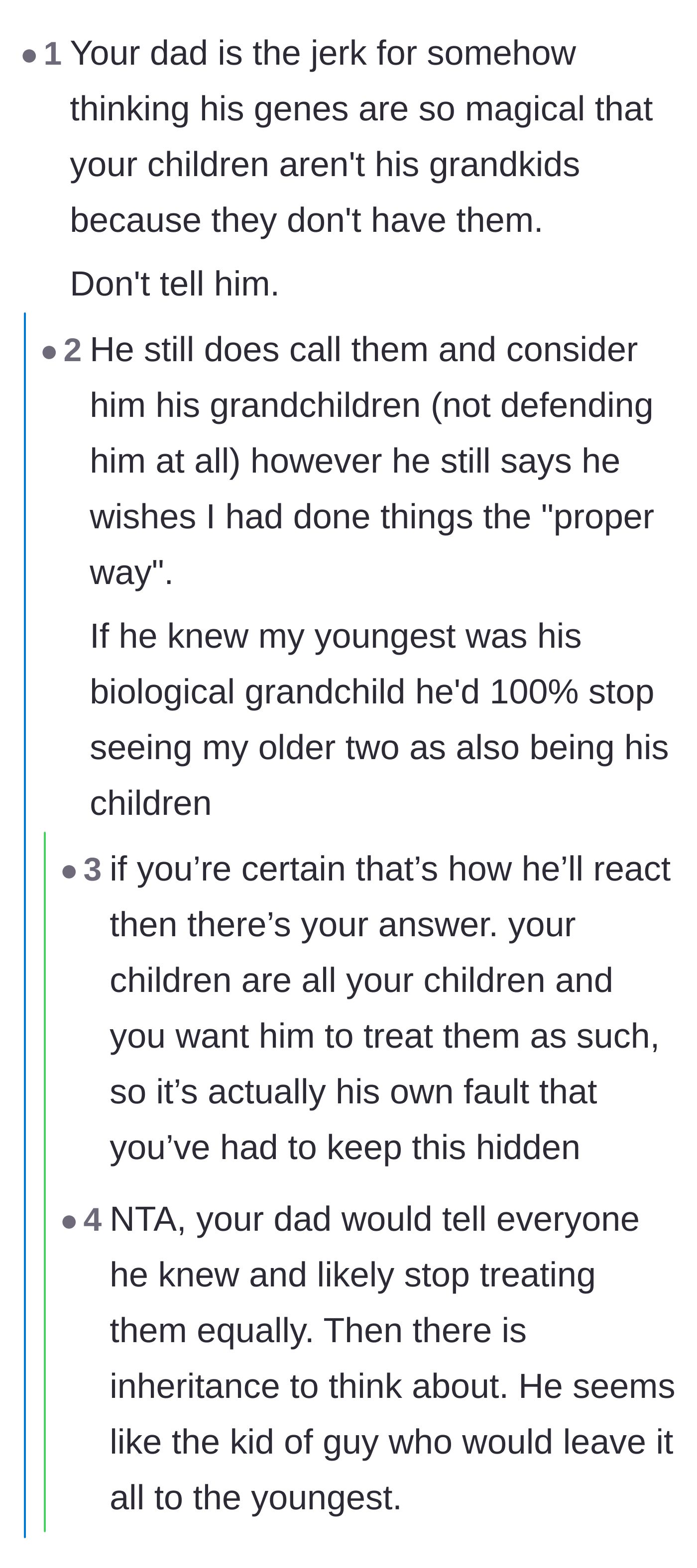Comment thread 3 - A debate on whether the dad should eventually reveal the truth on the grandfather's deathbed, either for peace or for petty revenge.