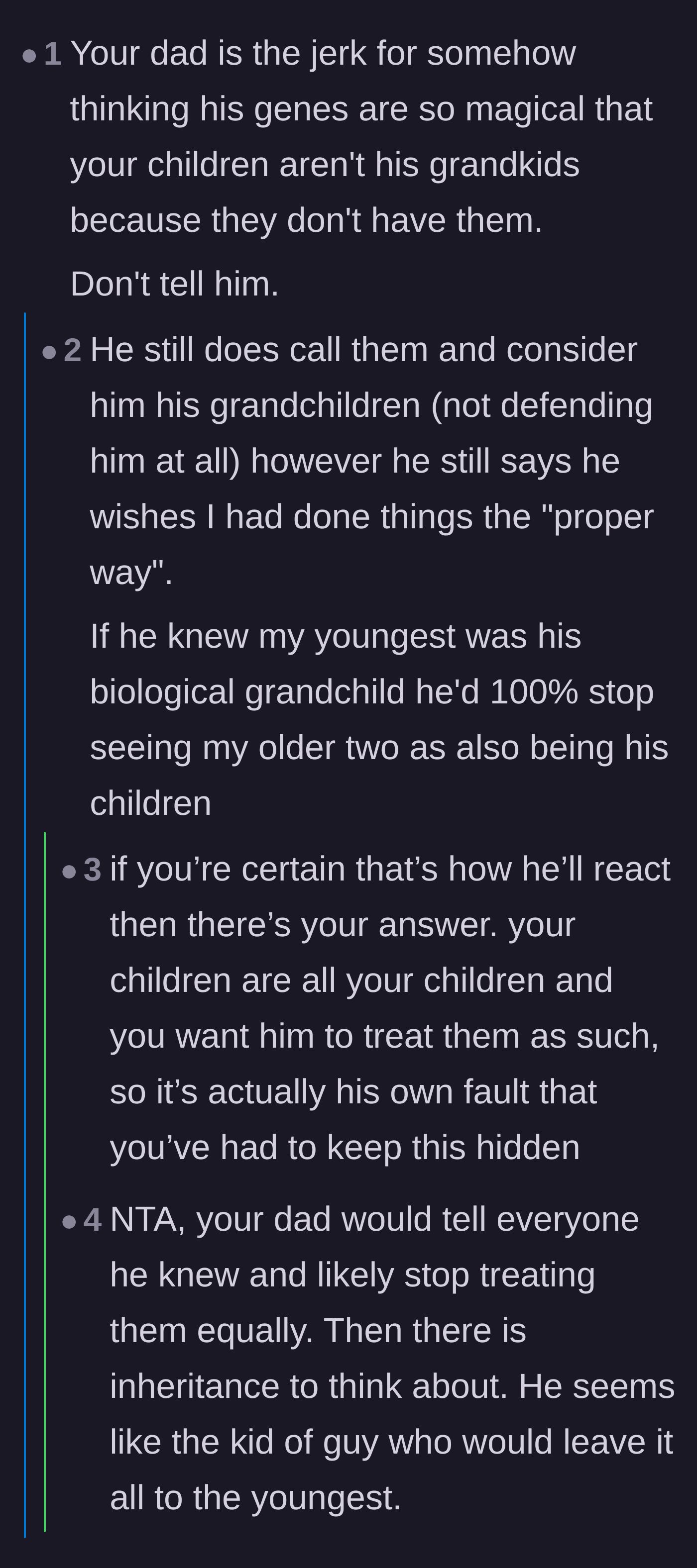 Comment thread 3 - A debate on whether the dad should eventually reveal the truth on the grandfather's deathbed, either for peace or for petty revenge.