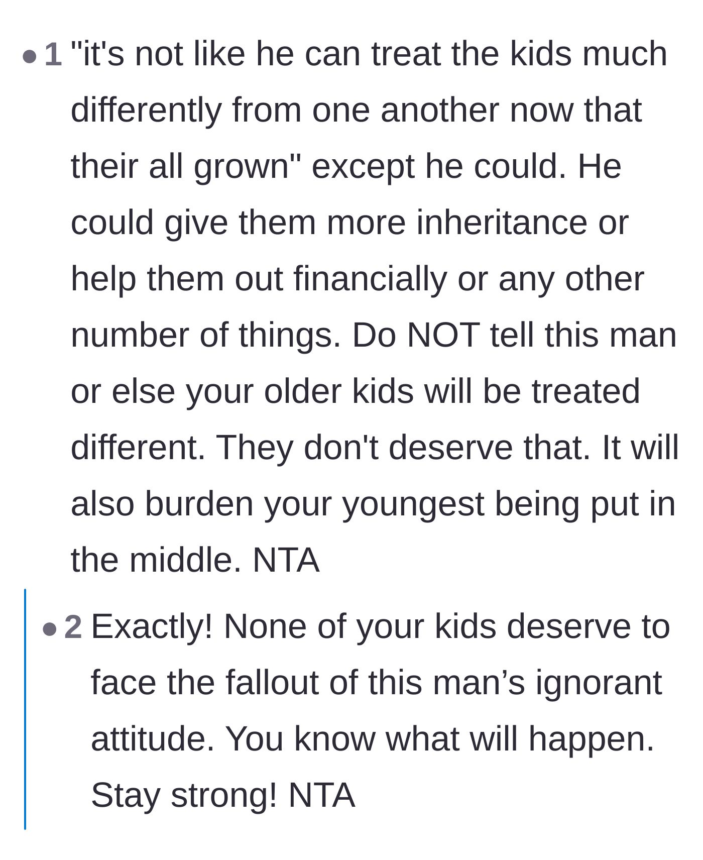Comment thread 4 - Readers dismantling the cousin's naive argument that favoritism doesn't matter once children are fully grown adults.