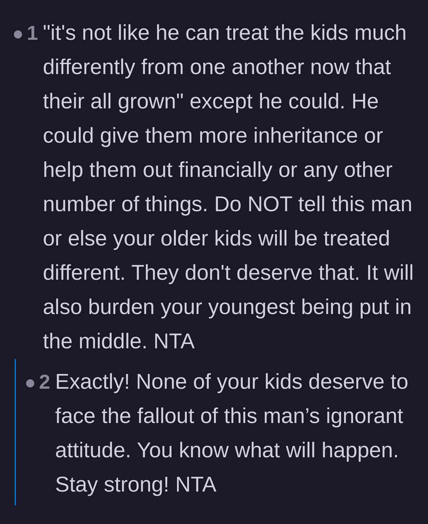 Comment thread 4 - Readers dismantling the cousin's naive argument that favoritism doesn't matter once children are fully grown adults.