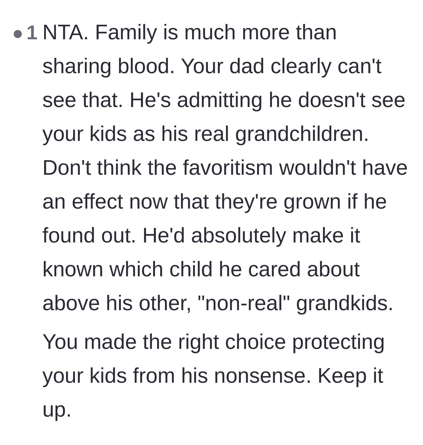 Comment thread 6 - A supportive comment reinforcing that family is built on love, not DNA, and praising the dad's boundary-setting.