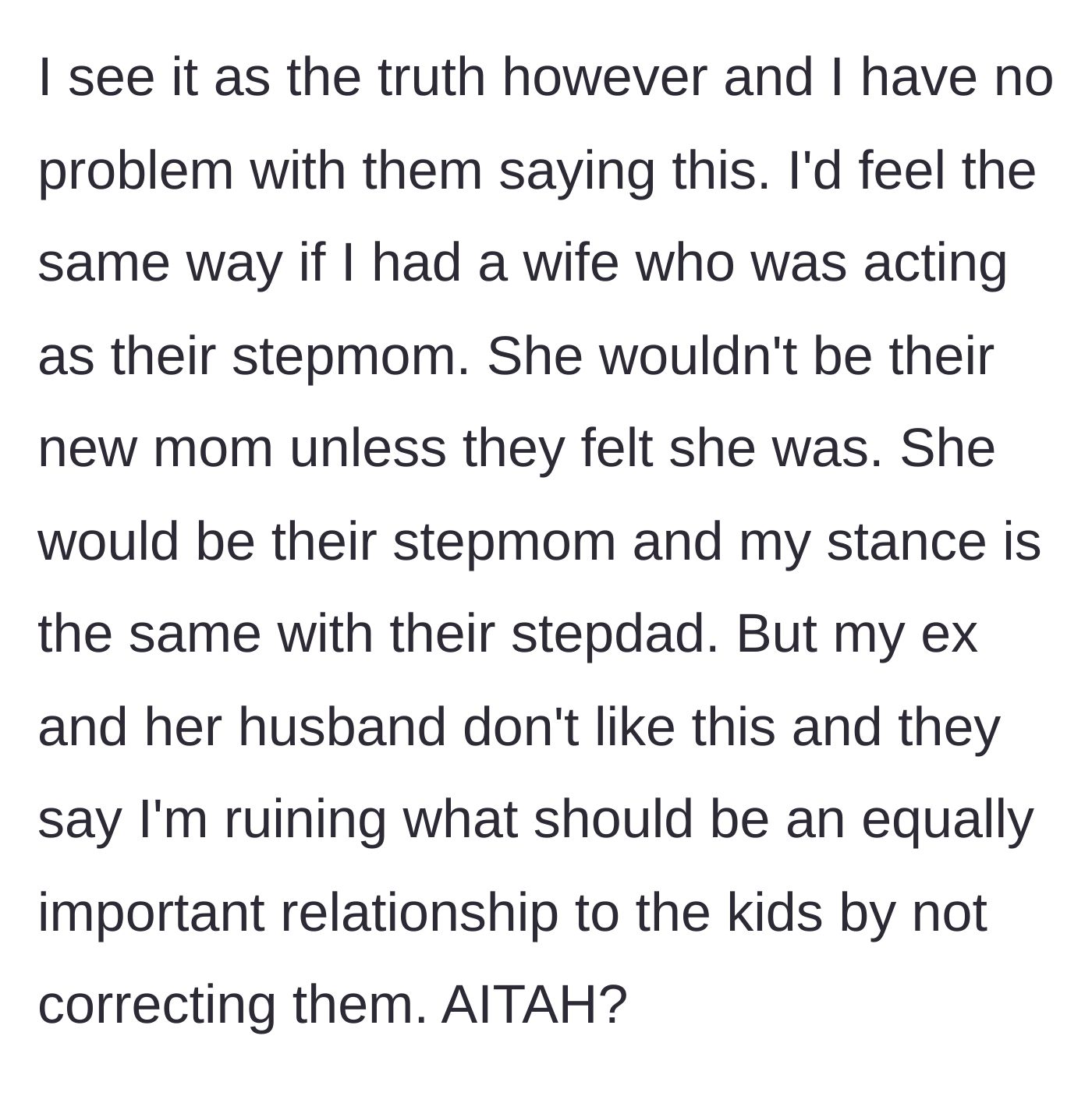 Story part 6 - The dad holds his ground, maintaining that titles must be earned and chosen by the kids, while the ex-wife accuses him of ruining the blended family.