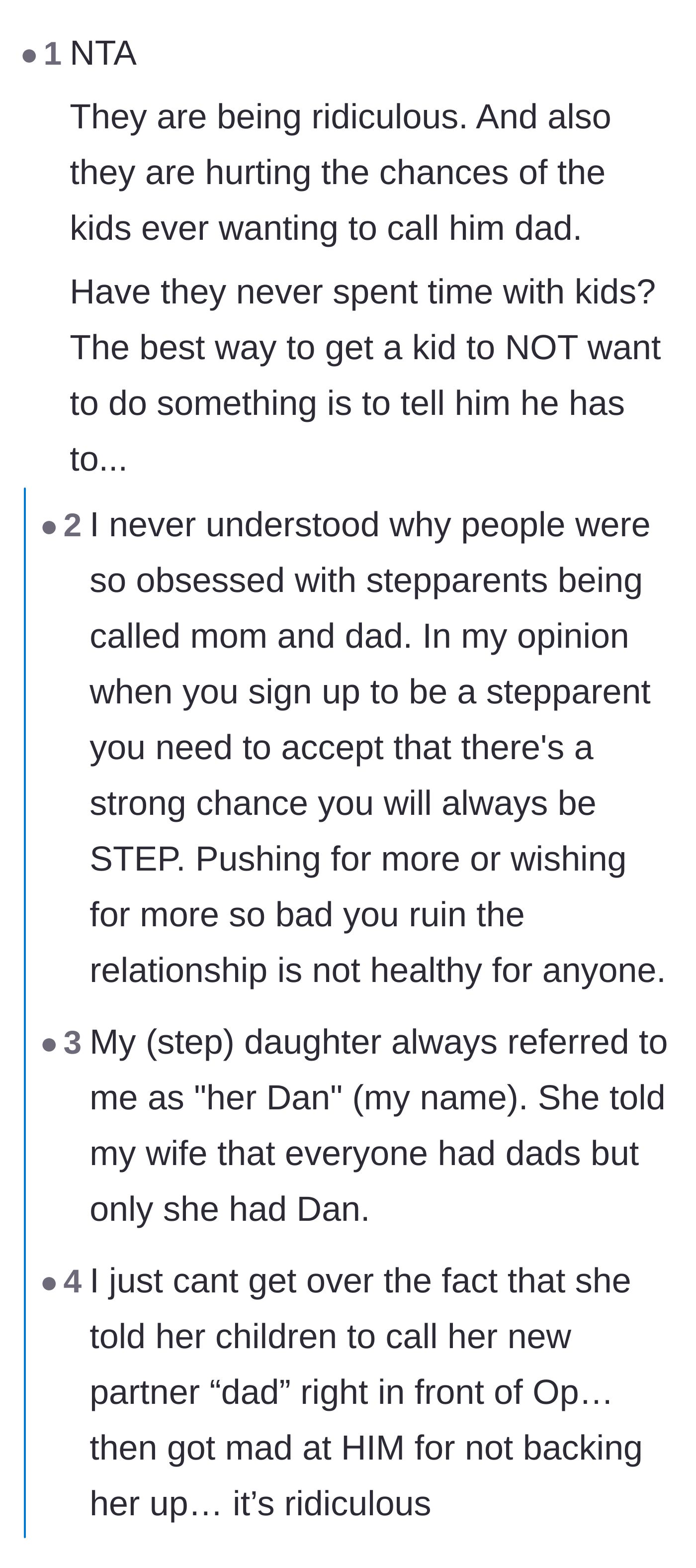 Comment thread 1 - Advice on how pushing a title on kids backfires and pointing out the ex-wife's blatant hypocrisy.