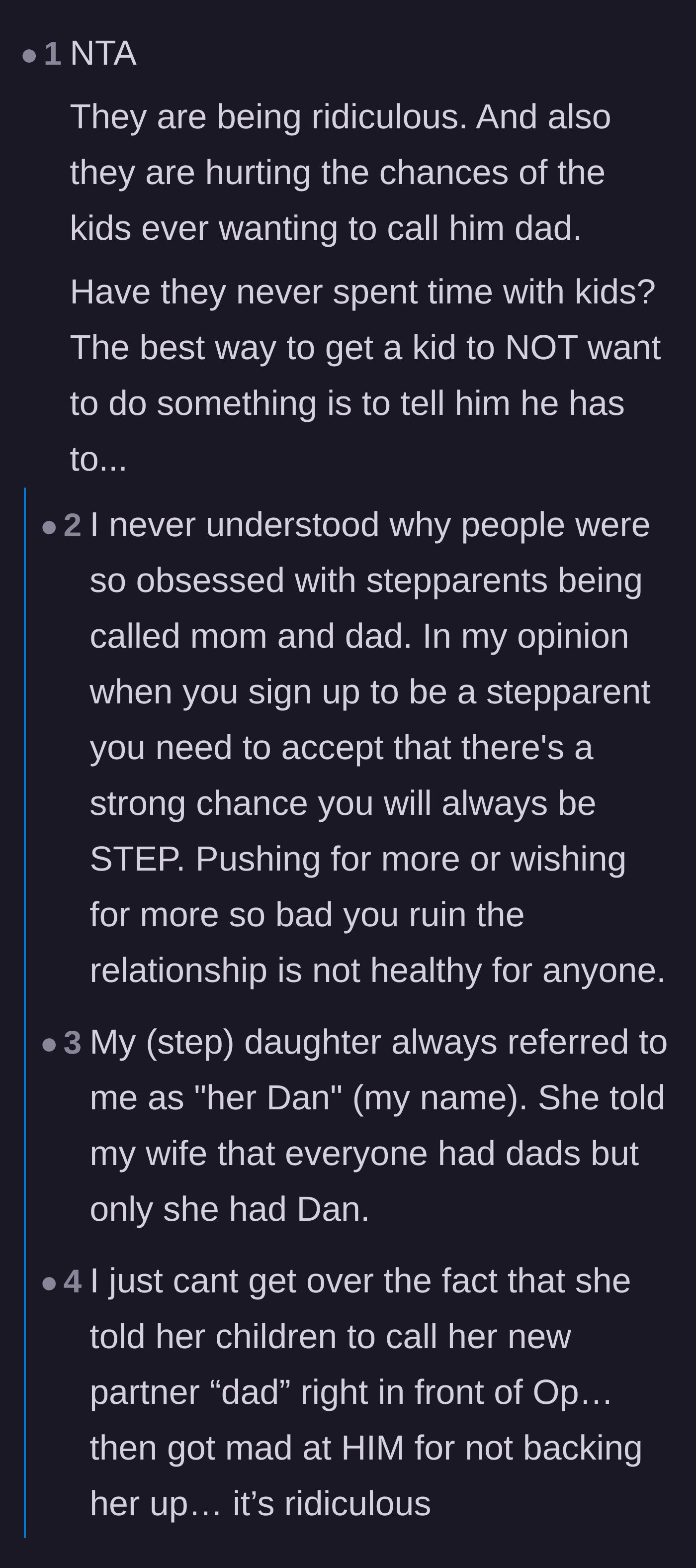 Comment thread 1 - Advice on how pushing a title on kids backfires and pointing out the ex-wife's blatant hypocrisy.