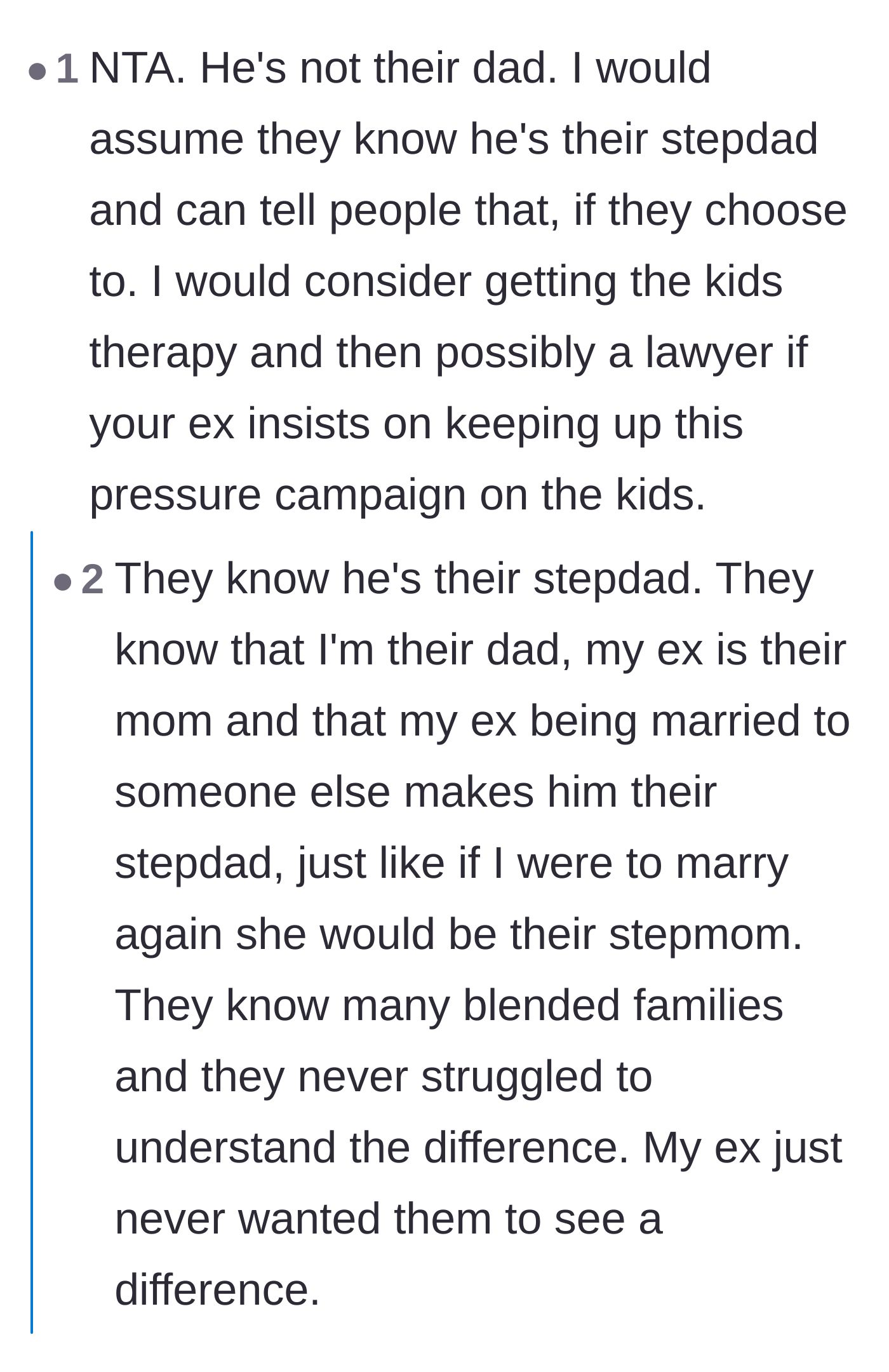 Comment thread 2 - A user shares their personal experience of how being forced to call a stepdad 'dad' only bred deep resentment.
