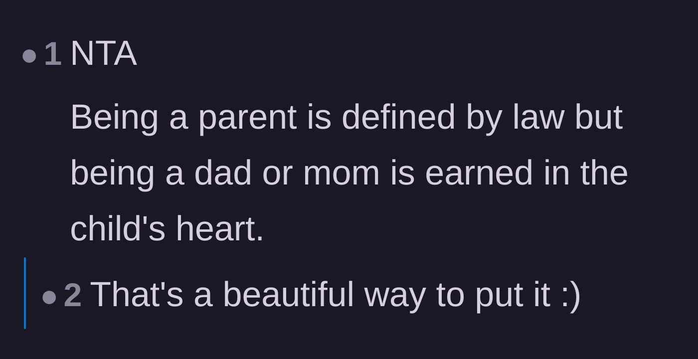 Comment thread 3 - A beautiful sentiment about how being a mom or dad is a title earned in a child's heart, not by law.