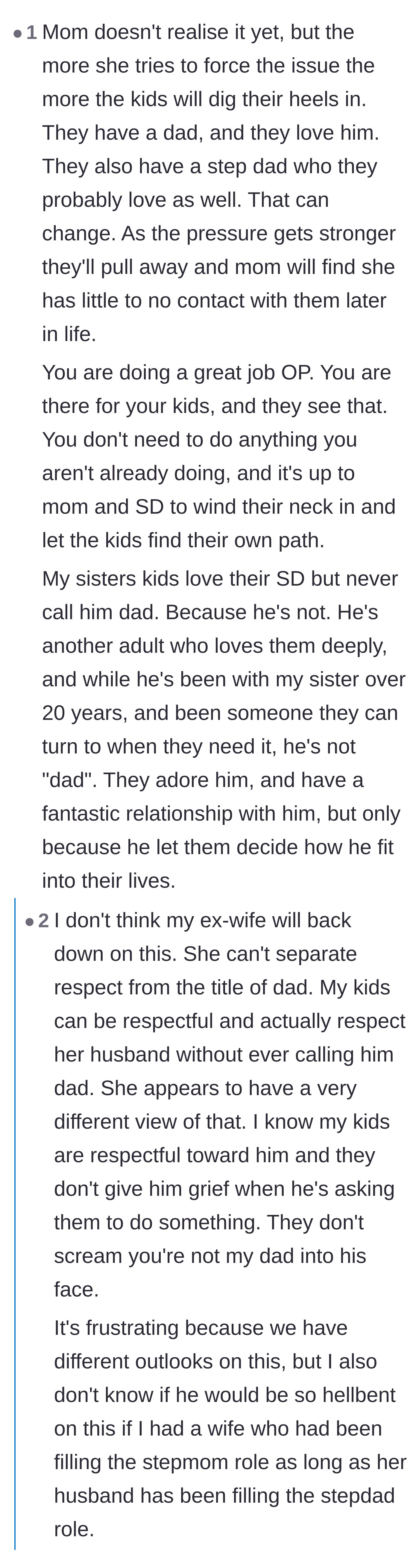 Comment thread 4 - Discussion on how the ex-wife confuses basic respect with demanding the intimate title of dad.