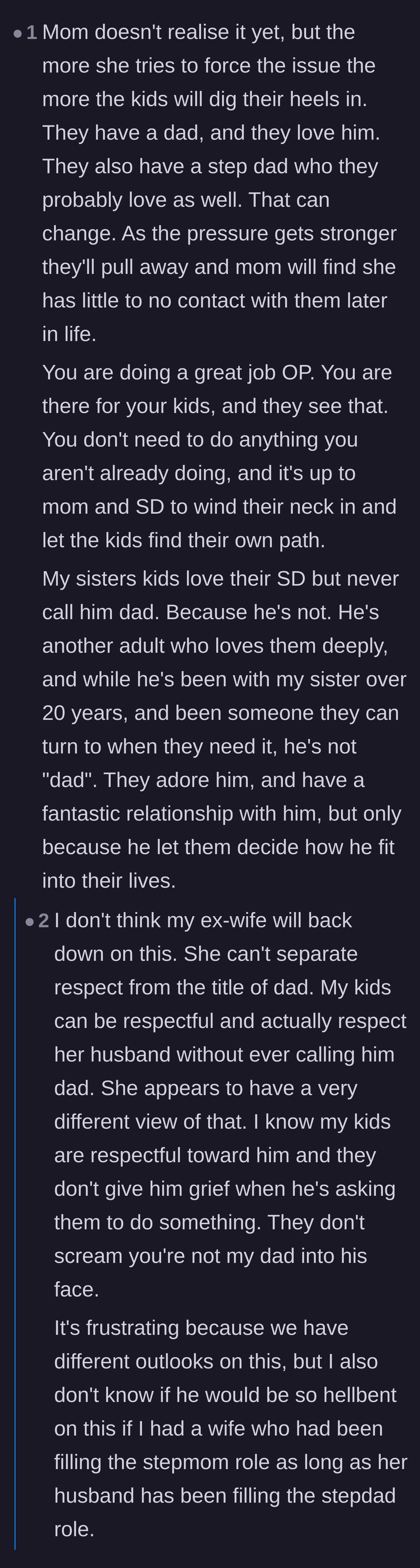 Comment thread 4 - Discussion on how the ex-wife confuses basic respect with demanding the intimate title of dad.
