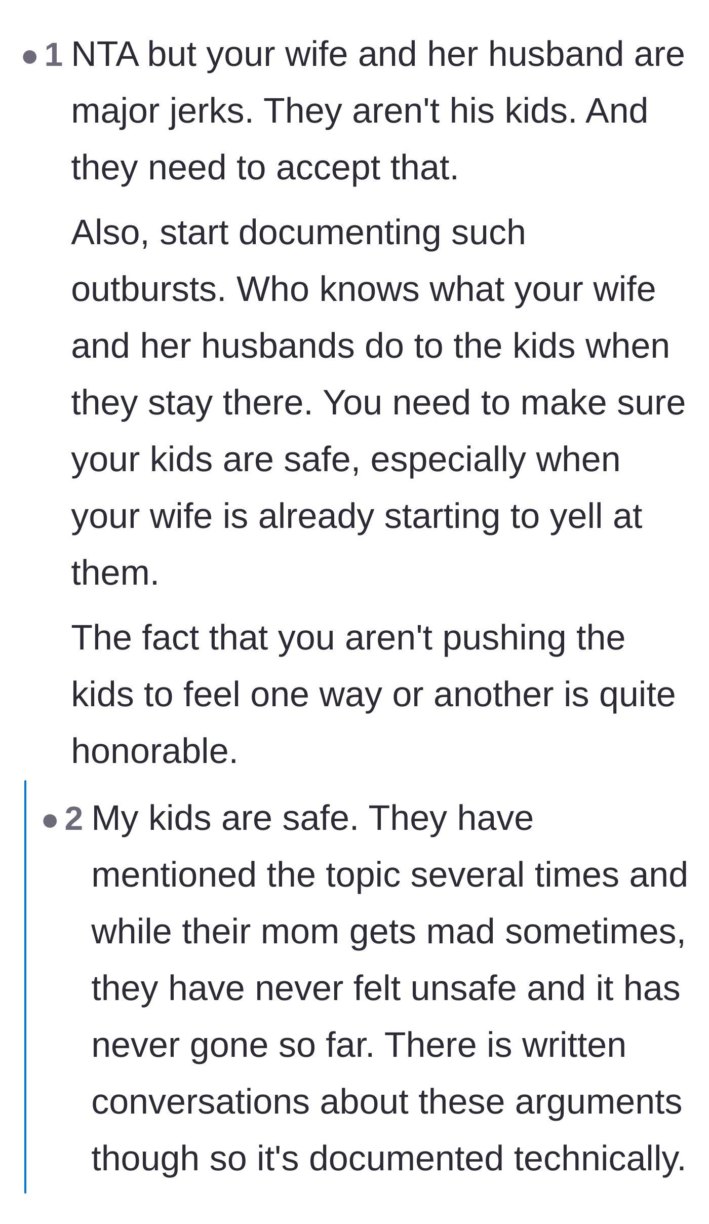 Comment thread 5 - Concerns for the children's emotional safety and advice to document the ex-wife's angry outbursts.