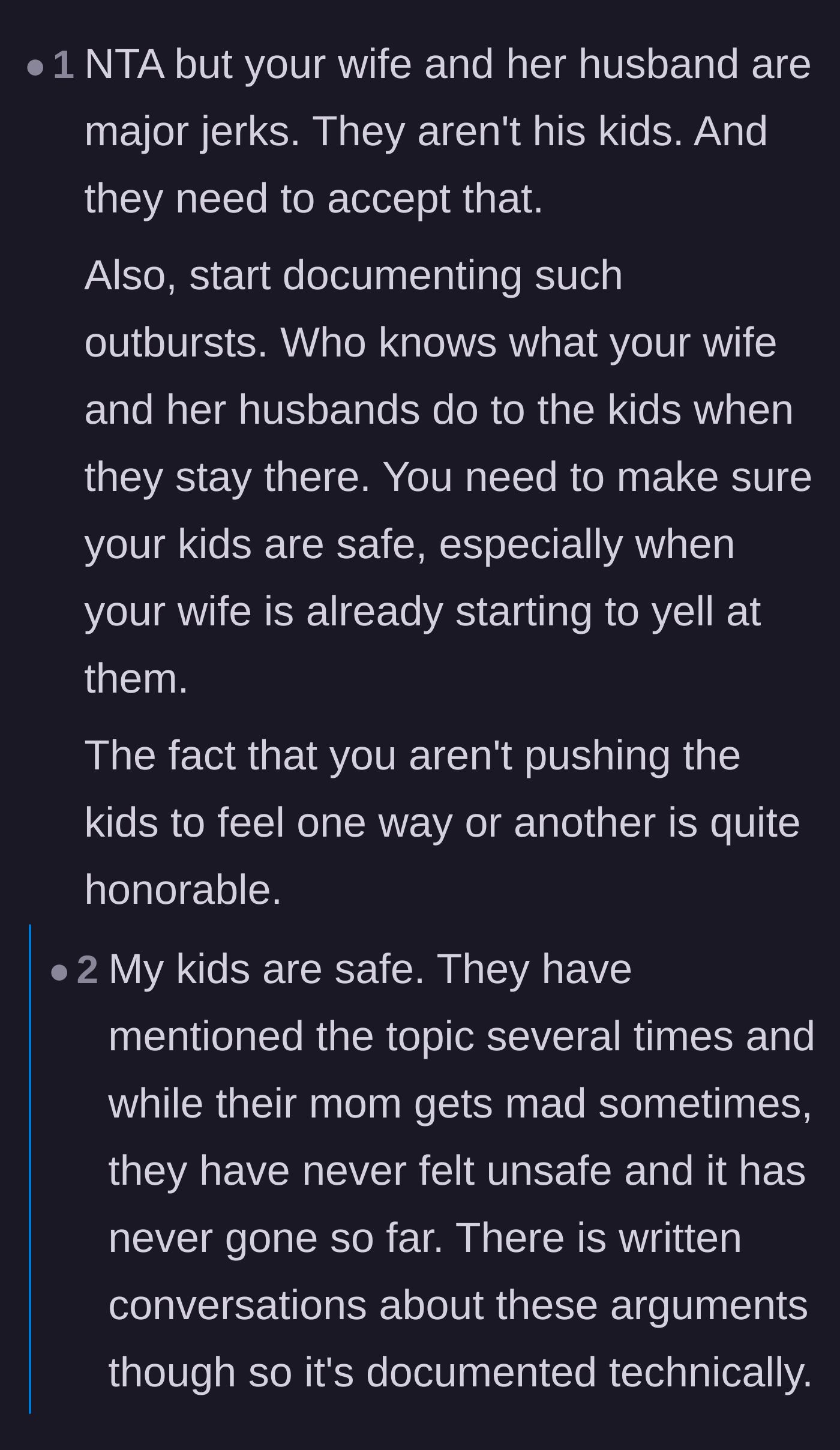 Comment thread 5 - Concerns for the children's emotional safety and advice to document the ex-wife's angry outbursts.