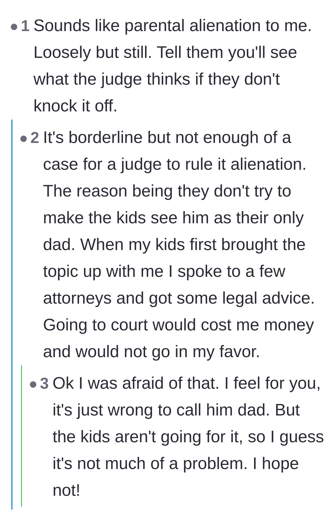Comment thread 6 - A debate on whether the ex-wife's manipulative behavior legally qualifies as parental alienation.