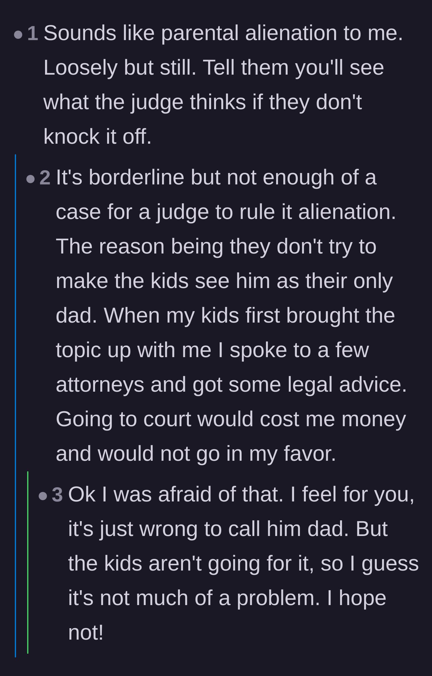 Comment thread 6 - A debate on whether the ex-wife's manipulative behavior legally qualifies as parental alienation.