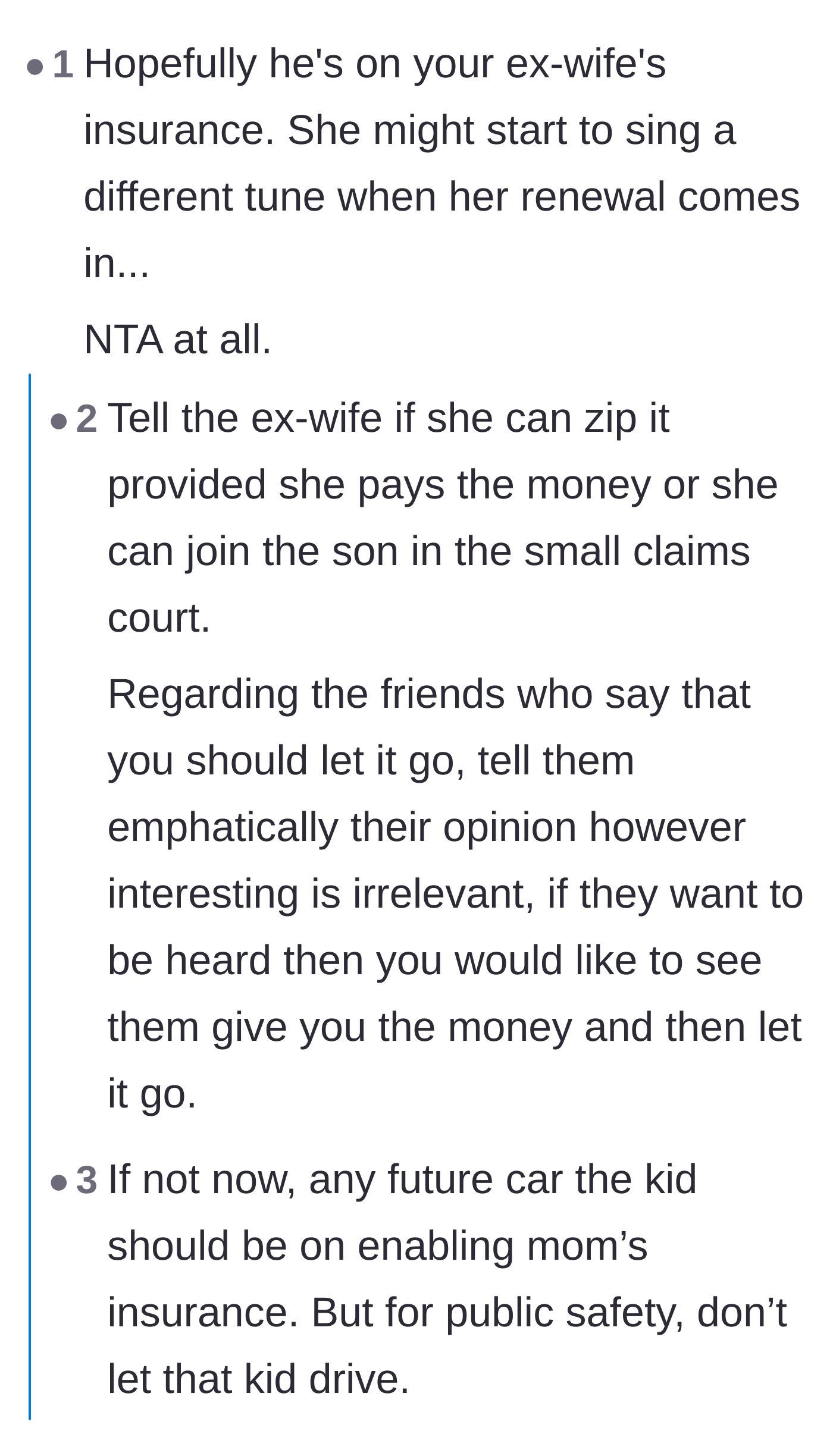Comment thread 2 - Commenters suggest making the enabling ex-wife and friends cover the bill if they care so much.