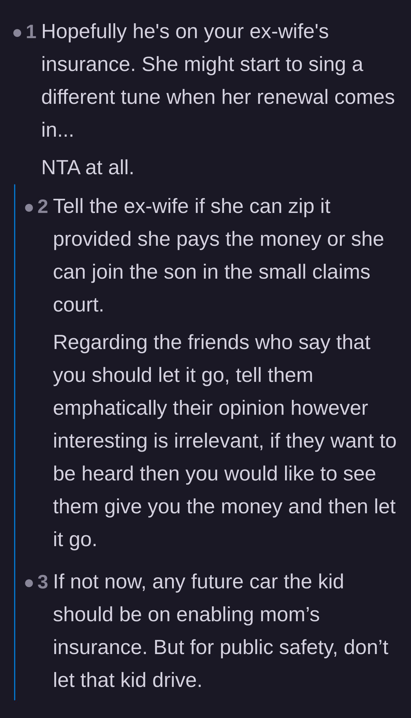Comment thread 2 - Commenters suggest making the enabling ex-wife and friends cover the bill if they care so much.